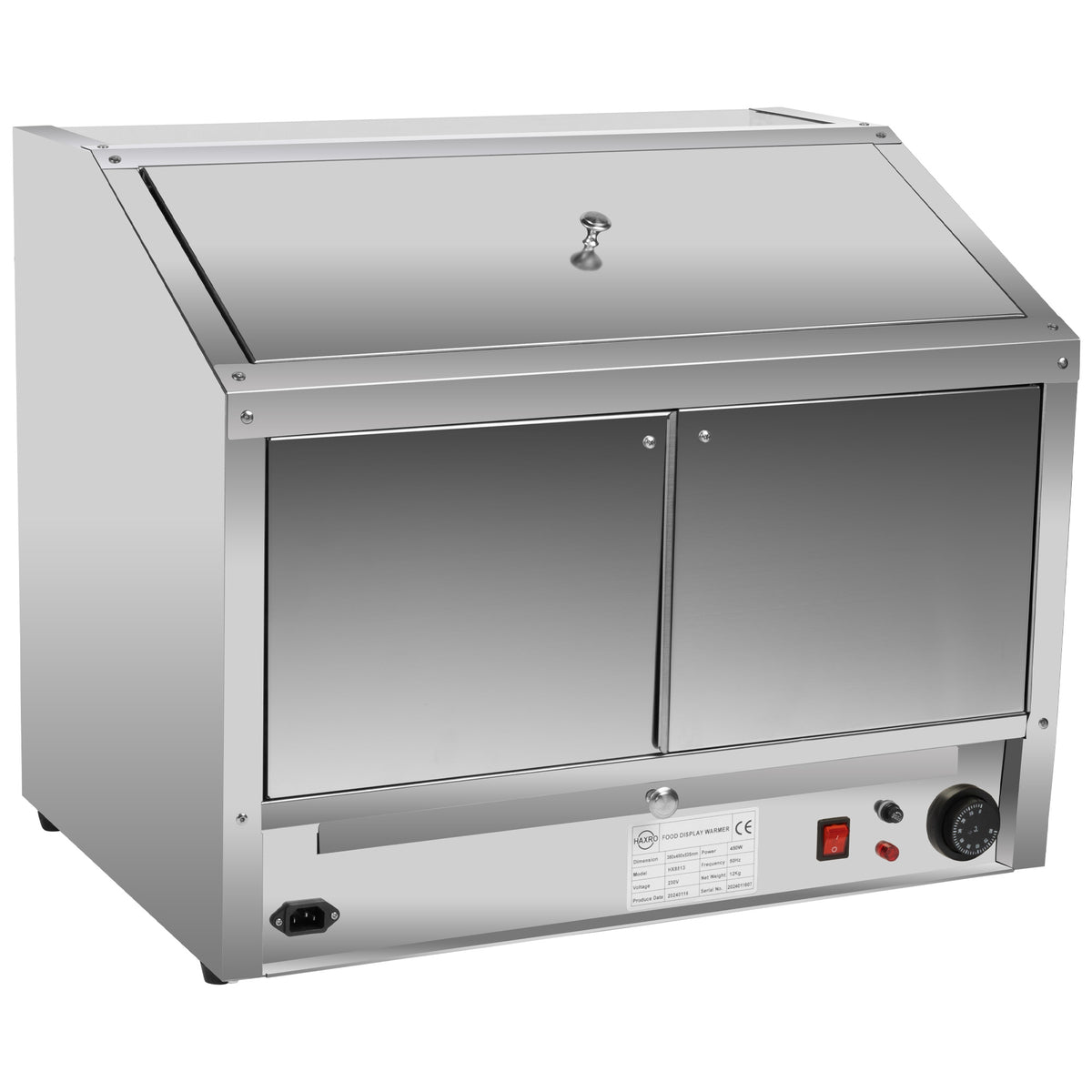 Stainless steel commercial food display warmer unit with an angled top lid and two front access doors.
