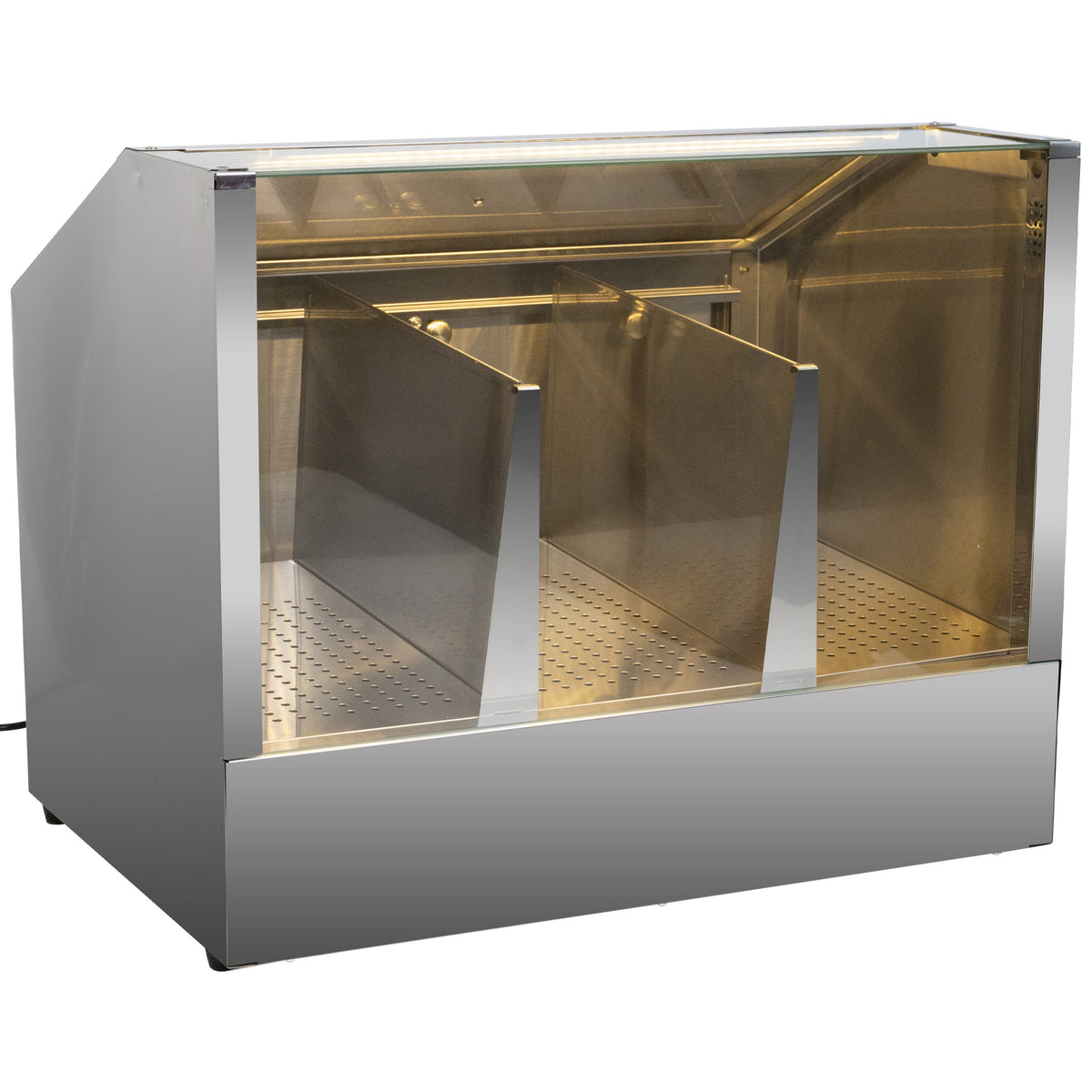 Stainless steel heated food holding cabinet with three internal compartments and a clear glass front panel.