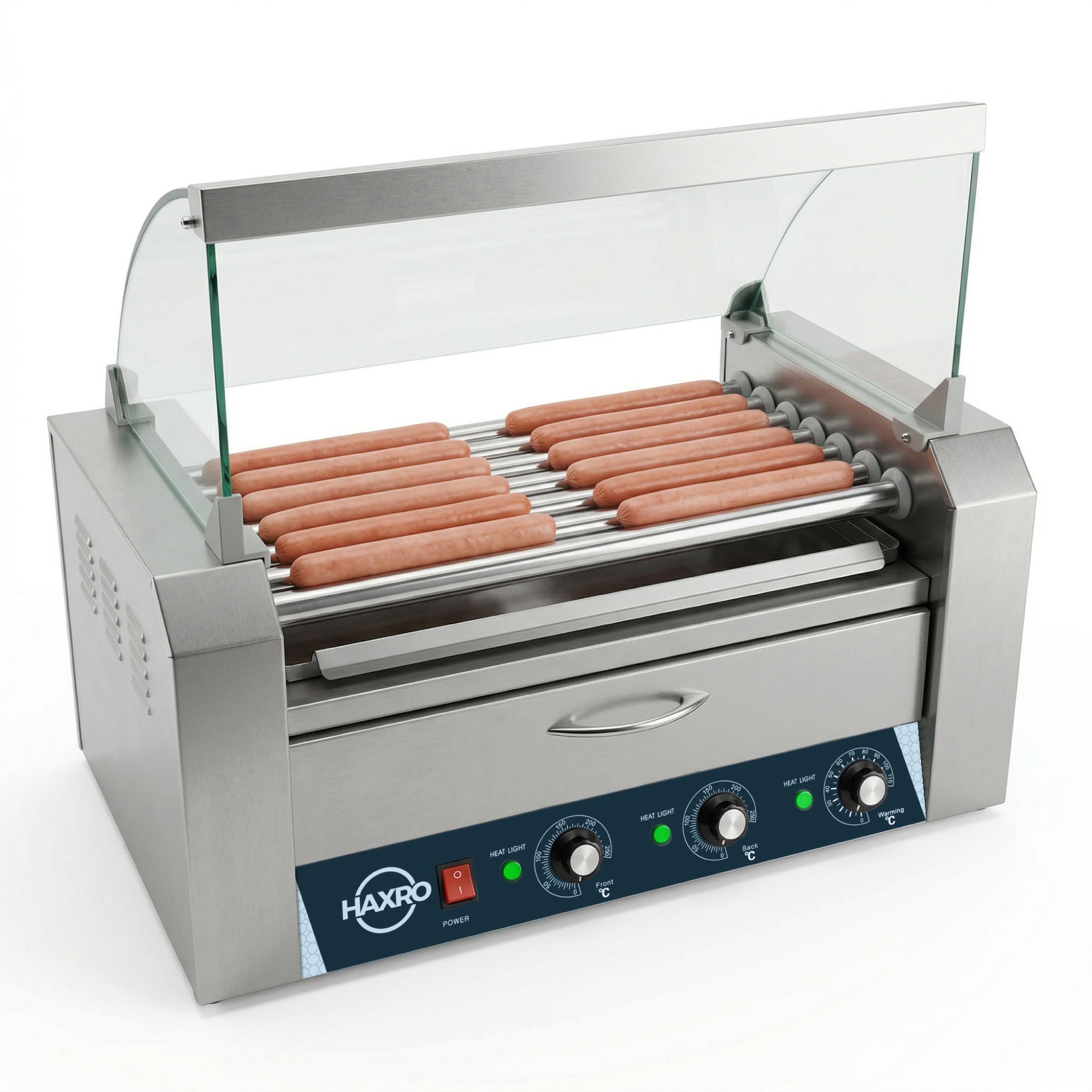 Stainless steel hot dog roller grill with sausages, transparent cover, and adjustable temperature knobs. Sleek, professional kitchen appliance.