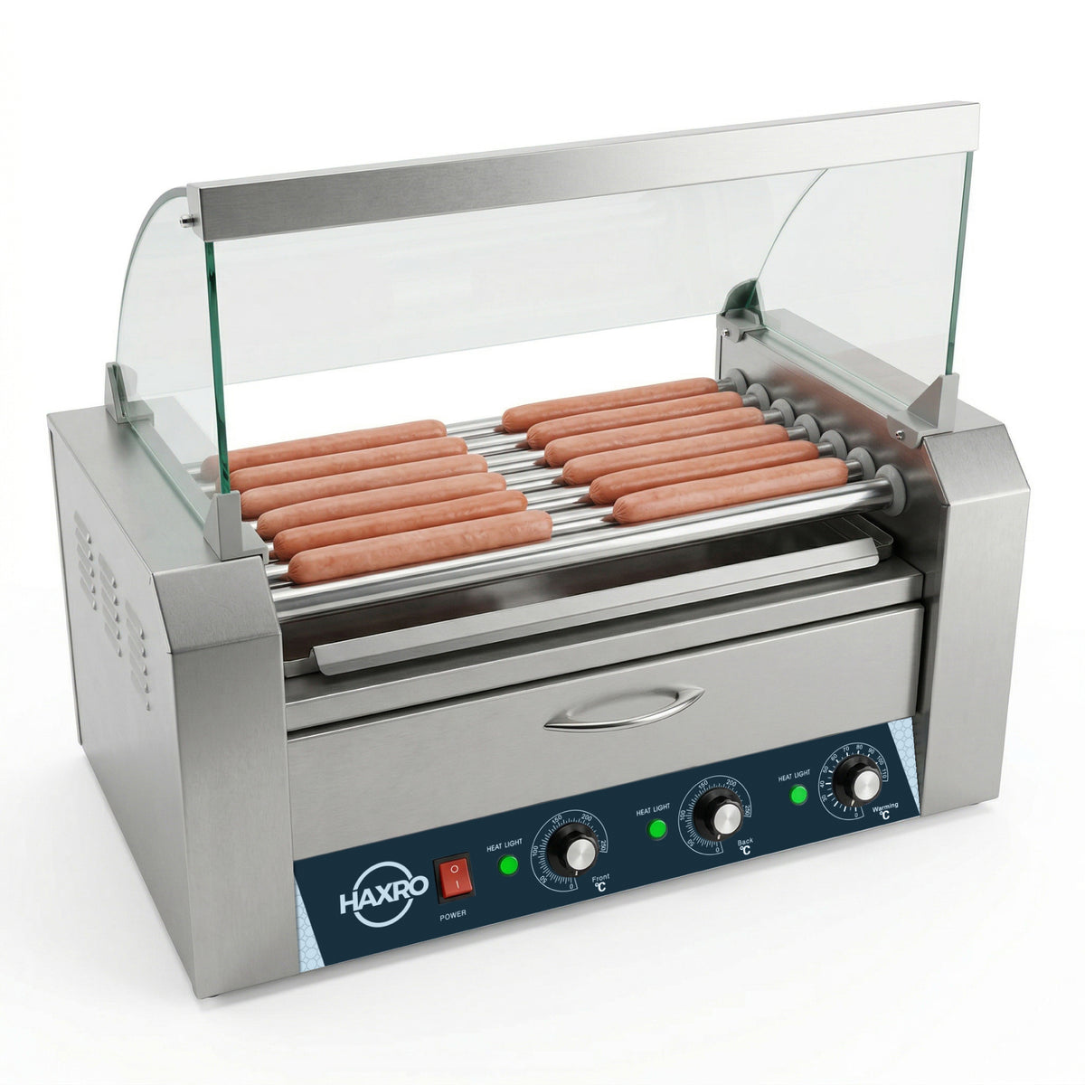 Stainless steel hot dog roller grill with sausages, transparent cover, and adjustable temperature knobs. Sleek, professional kitchen appliance.
