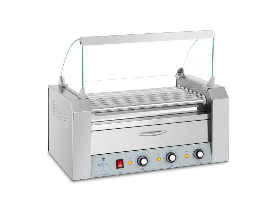 Stainless steel hot dog roller machine with glass guard, featuring metallic knobs and a front drawer. Sleek, modern design conveys efficiency and cleanliness.