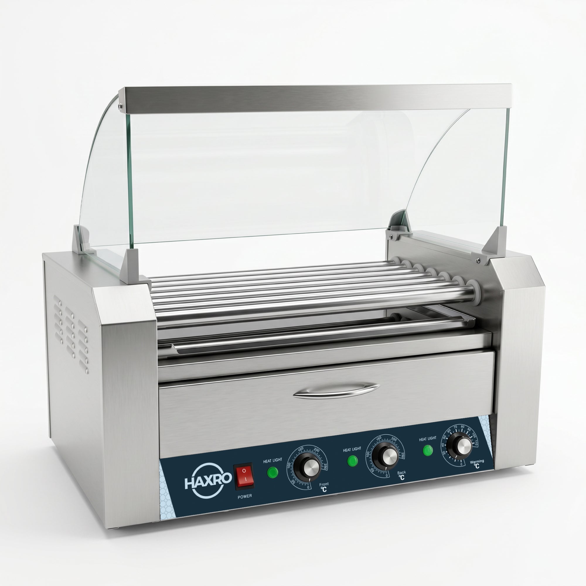Stainless steel hot dog roller grill with glass guards, featuring control knobs and a logo. The design is modern and professional.