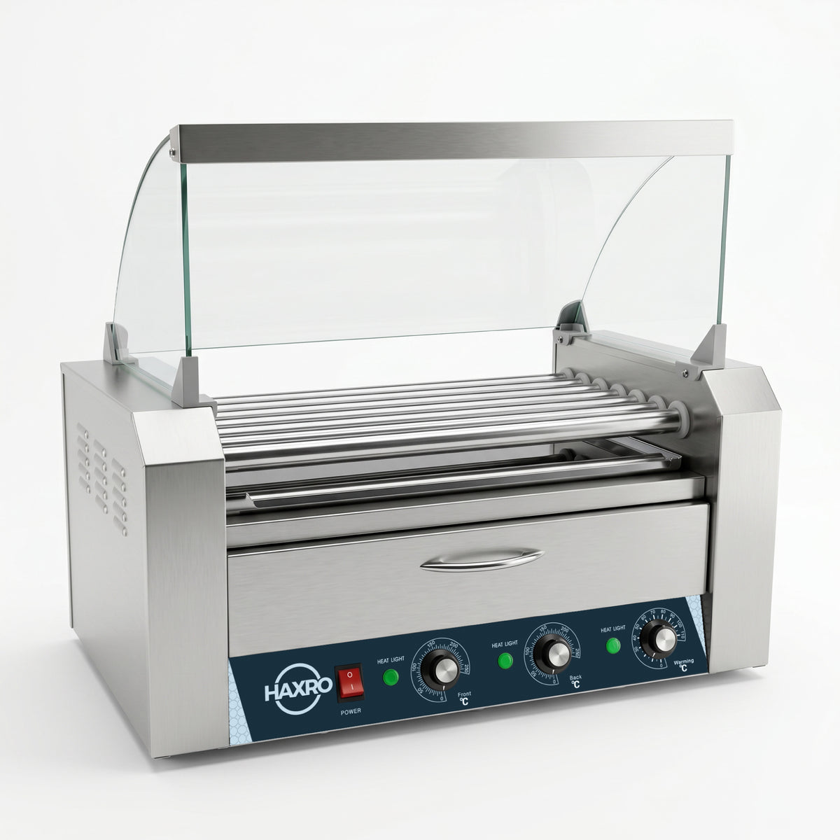 Stainless steel hot dog roller grill with glass guards, featuring control knobs and a logo. The design is modern and professional.