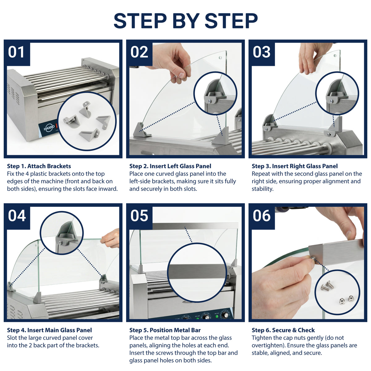 Alt text: "Step-by-step assembly guide for glass panel installation. Images show attaching brackets, inserting left and right glass panels, adding a main glass panel, positioning a metal bar, and securing with screws. Close-up insets highlight key steps and parts."