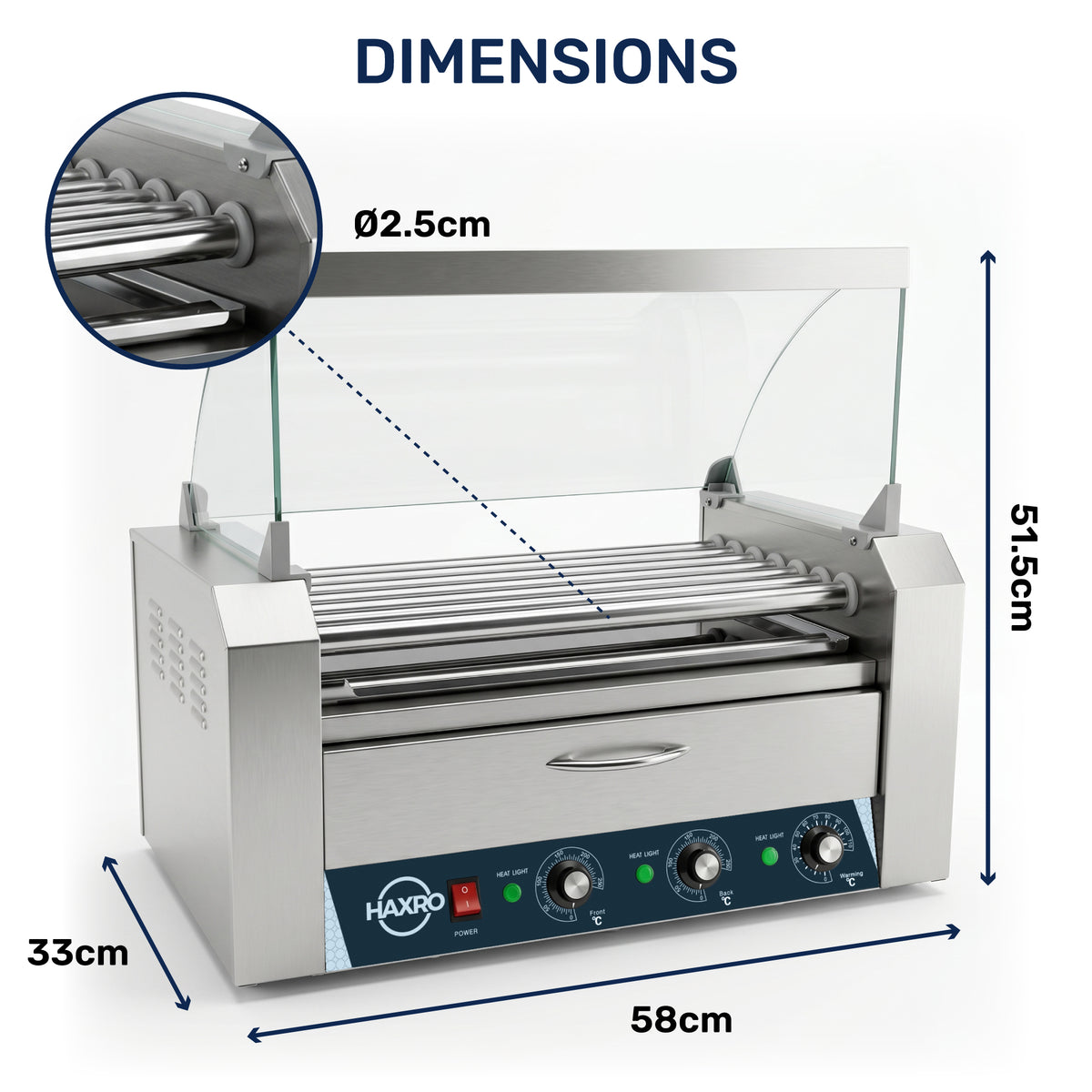 Hot dog roller grill with glass cover and three control knobs. Dimensions: 58cm wide, 33cm deep, 51.5cm high. Roller diameter is 2.5cm.