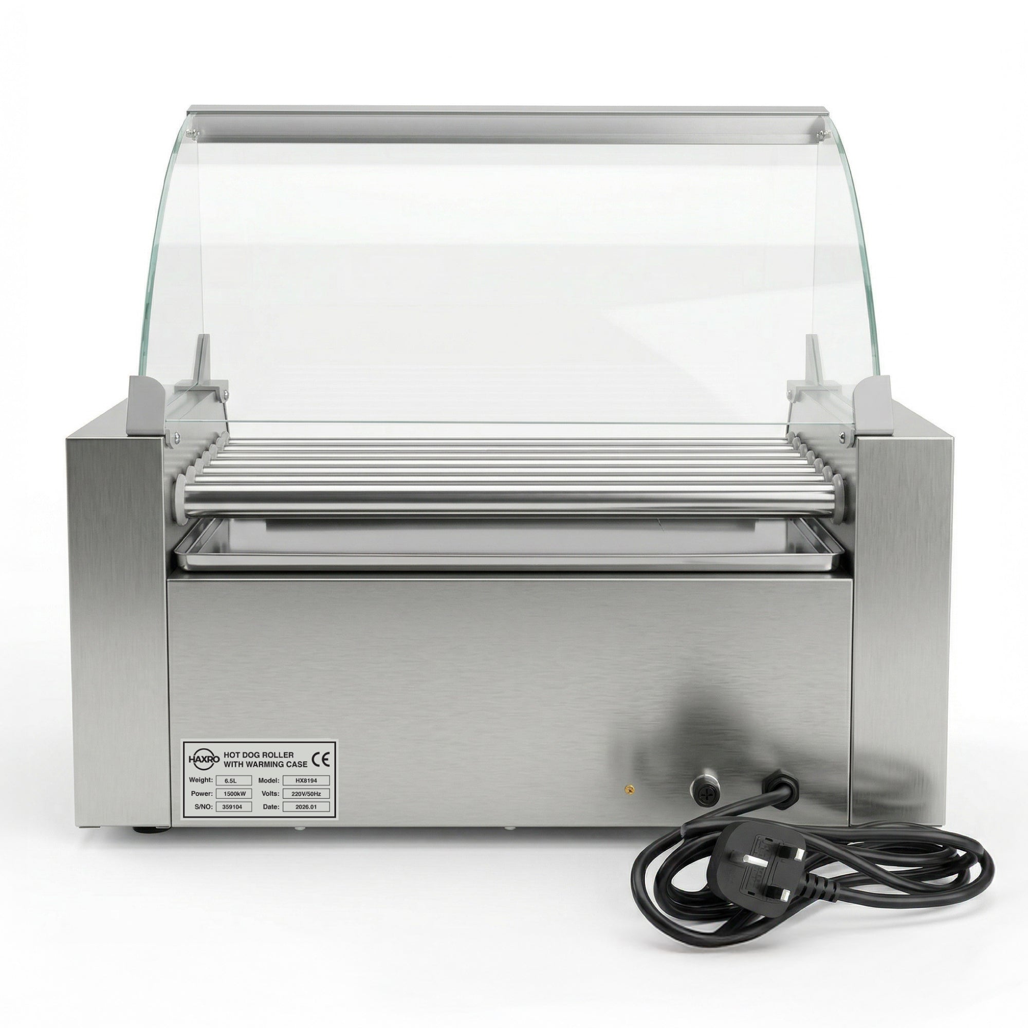 Stainless steel hot dog roller with nine rollers and a clear curved glass guard. A black power cord is coiled on the right side. Clean, functional design.