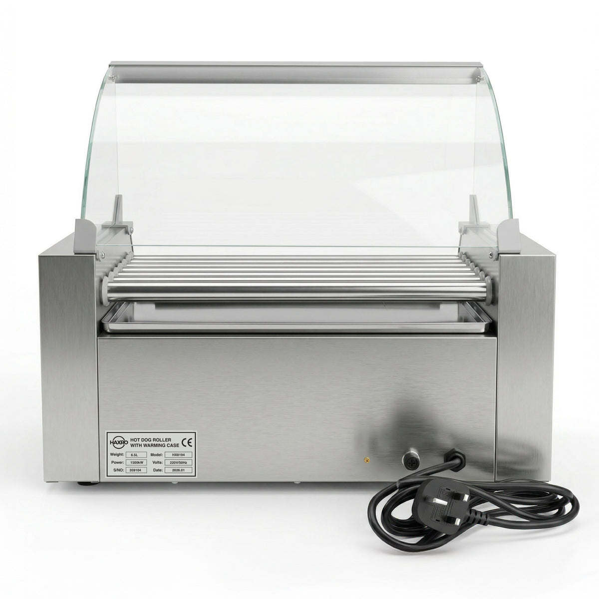 Stainless steel hot dog roller with nine rollers and a clear curved glass guard. A black power cord is coiled on the right side. Clean, functional design.