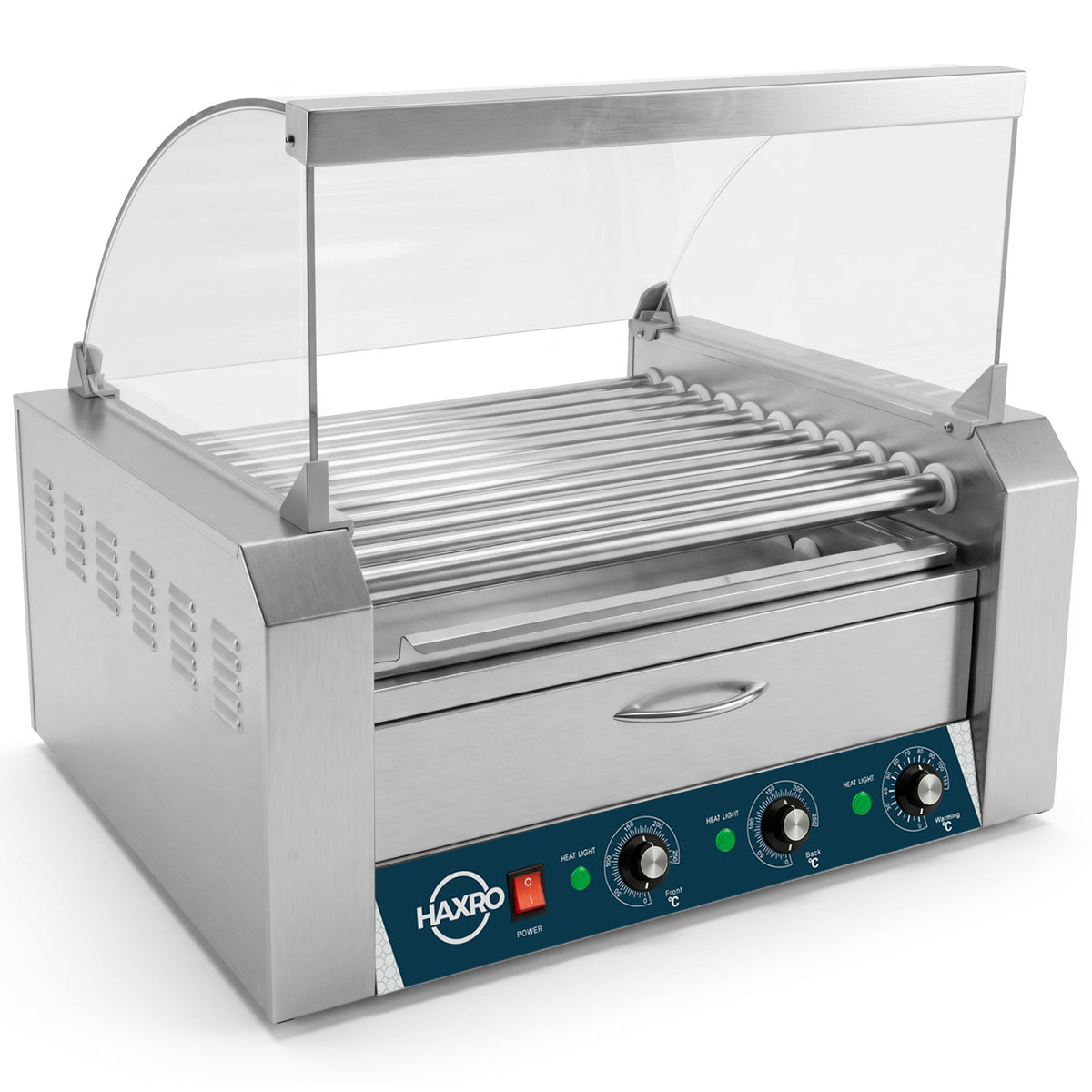 A commercial hot dog grill featuring a shiny metal grill surface, designed for cooking multiple hot dogs simultaneously.