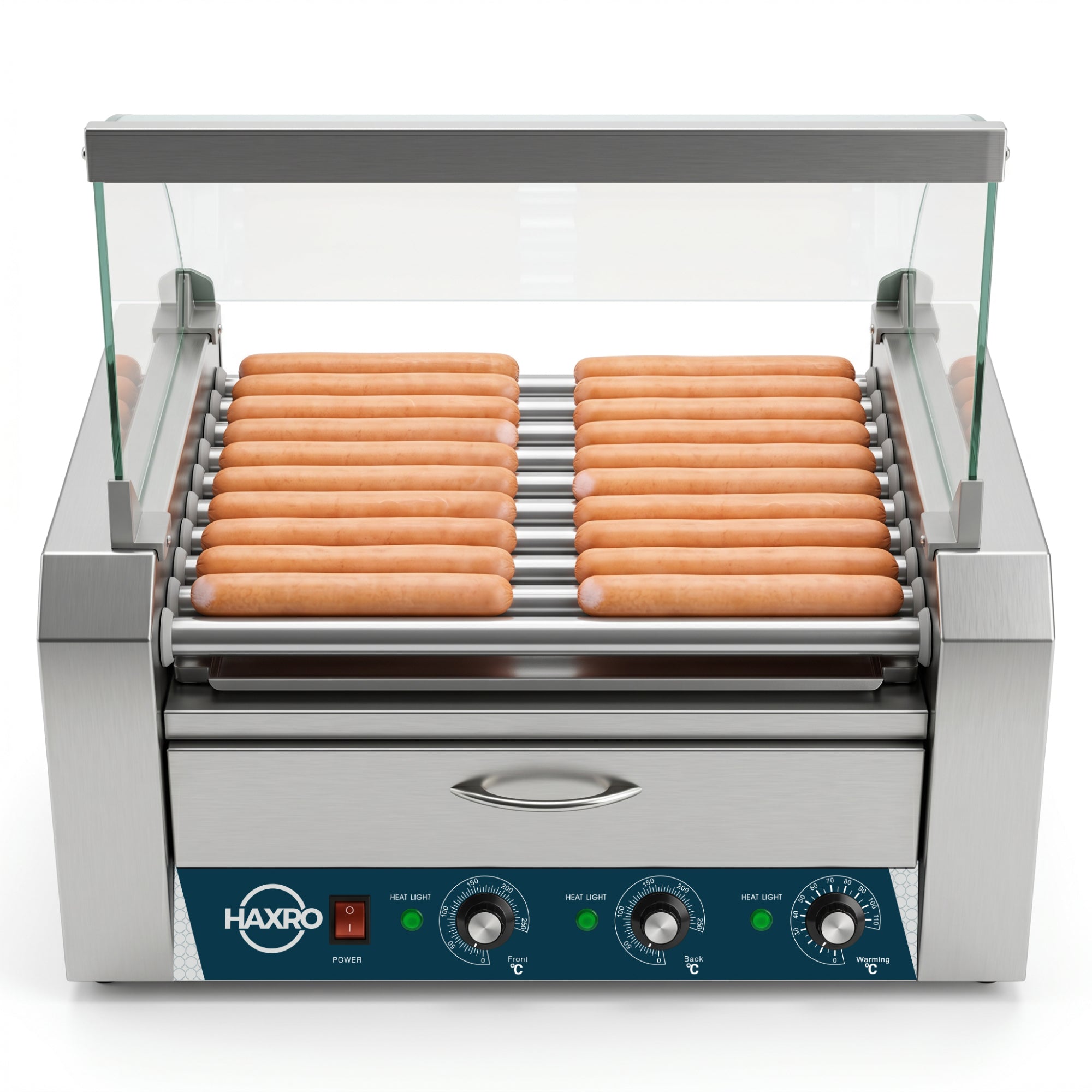 A grill with several hot dogs cooking on it, surrounded by smoke and a bright outdoor setting.