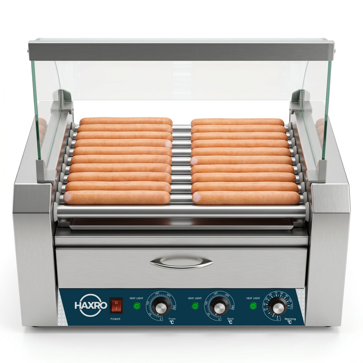 A grill with several hot dogs cooking on it, surrounded by smoke and a bright outdoor setting.