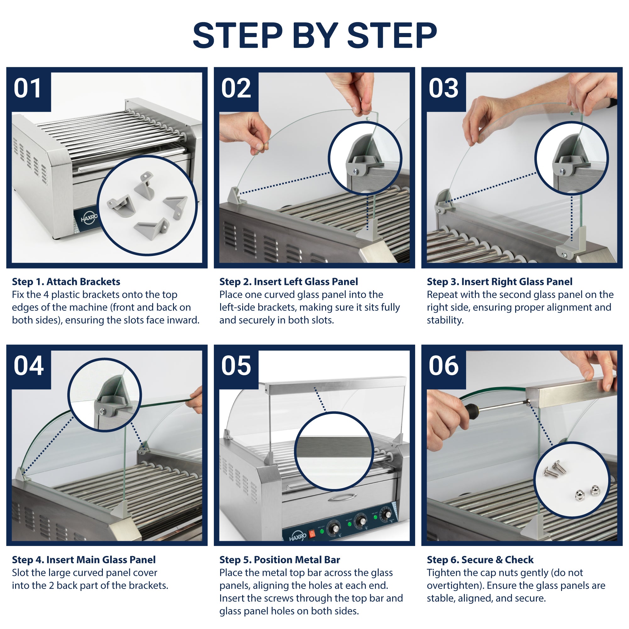 Six-step assembly infographic showing how to install curved glass panels and a top bar on a stainless steel hot dog roller grill sneeze guard.
