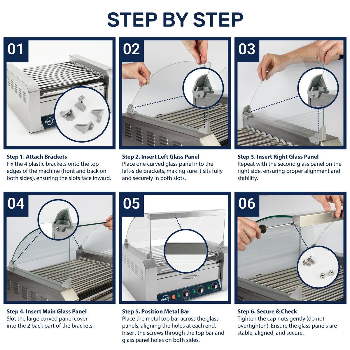 Six-step assembly infographic showing how to install curved glass panels and a top bar on a stainless steel hot dog roller grill sneeze guard.