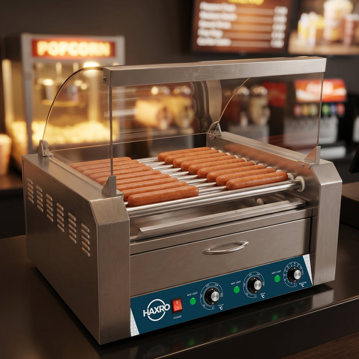 Stainless steel hot dog roller grill with curved glass sneeze guard, displaying multiple hot dogs in a concession stand setting.