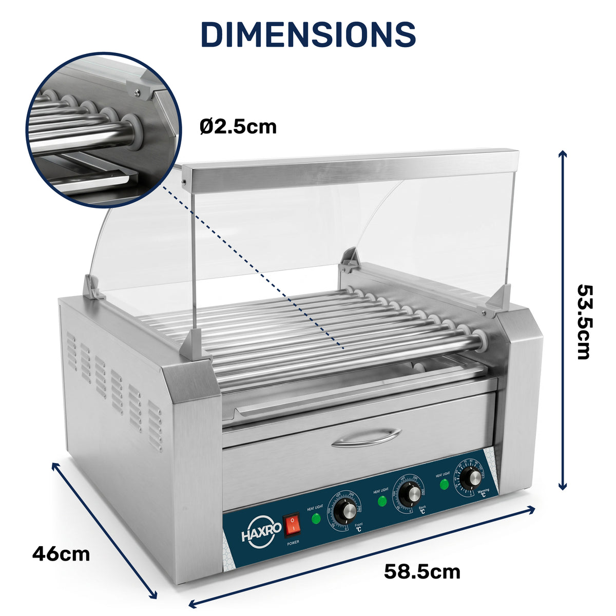 Dimensions infographic for a stainless steel hot dog roller grill with curved glass sneeze guard, showing 58.5 cm width, 46 cm depth, 53.5 cm height, and 2.5 cm roller diameter.