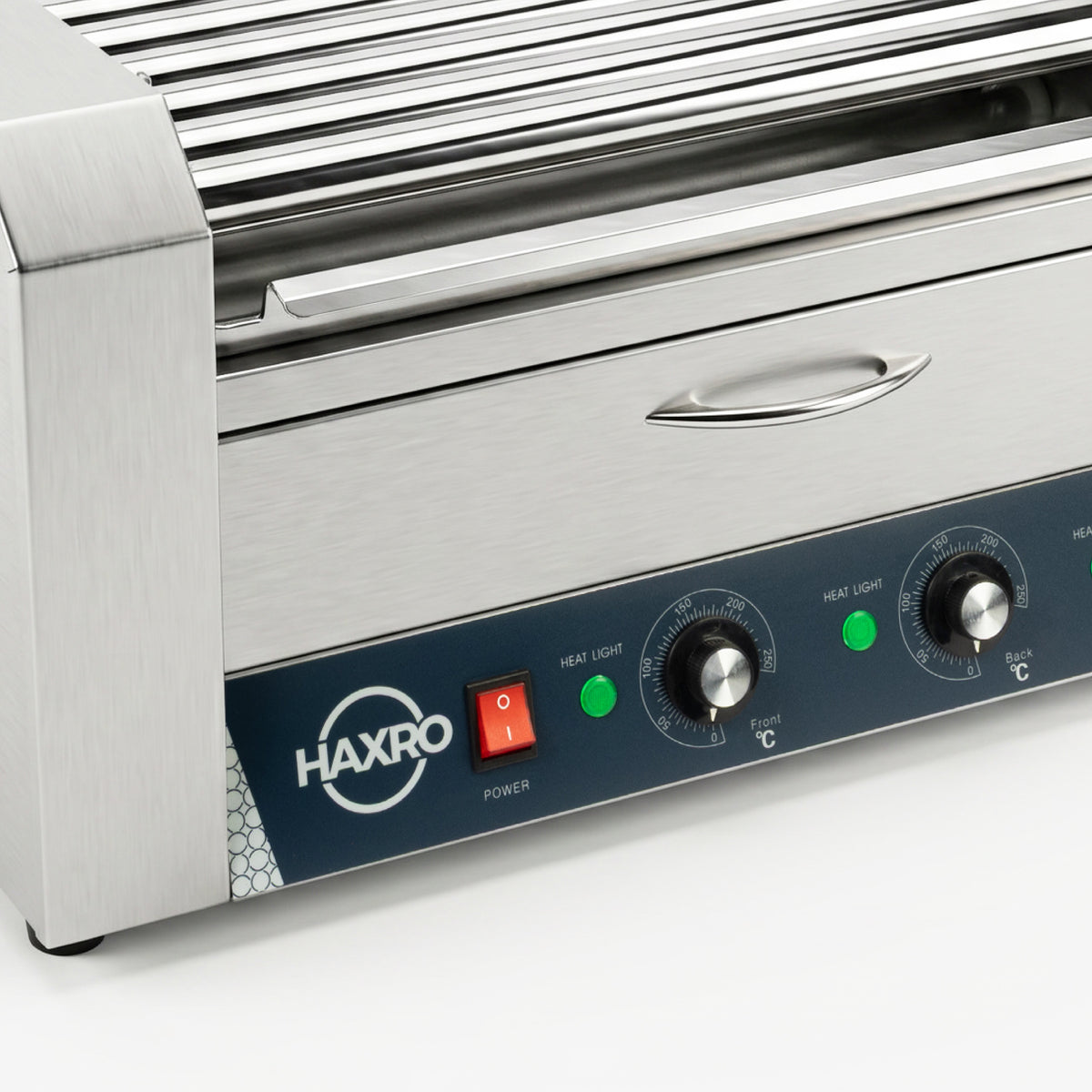 Stainless steel Haxro electric grill with temperature dials, power switch, and heat indicator lights on a white background.