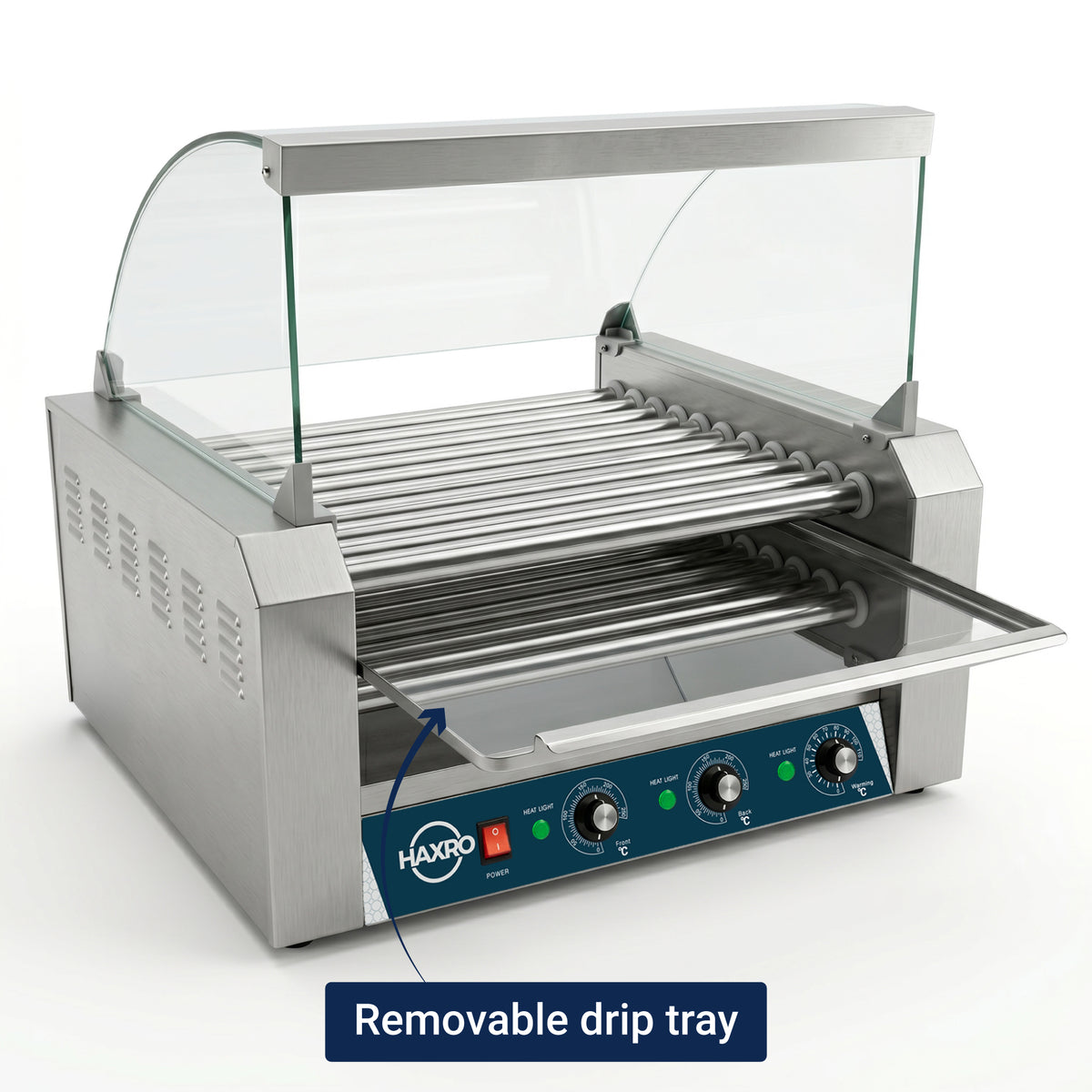 Commercial stainless steel hot dog roller grill with removable drip tray and glass sneeze guard.