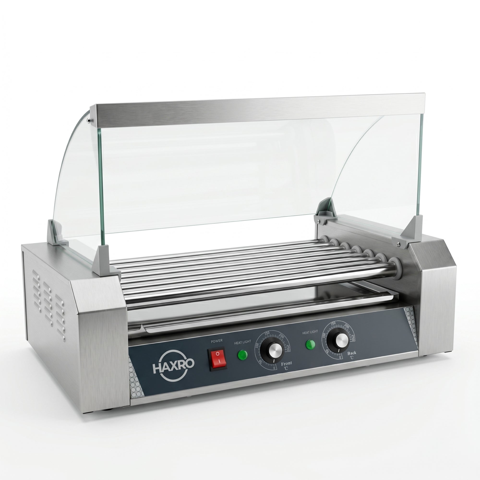 Stainless steel hot dog roller with glass canopy, brand name "Haxro." Features include two control knobs and power buttons on the front panel.