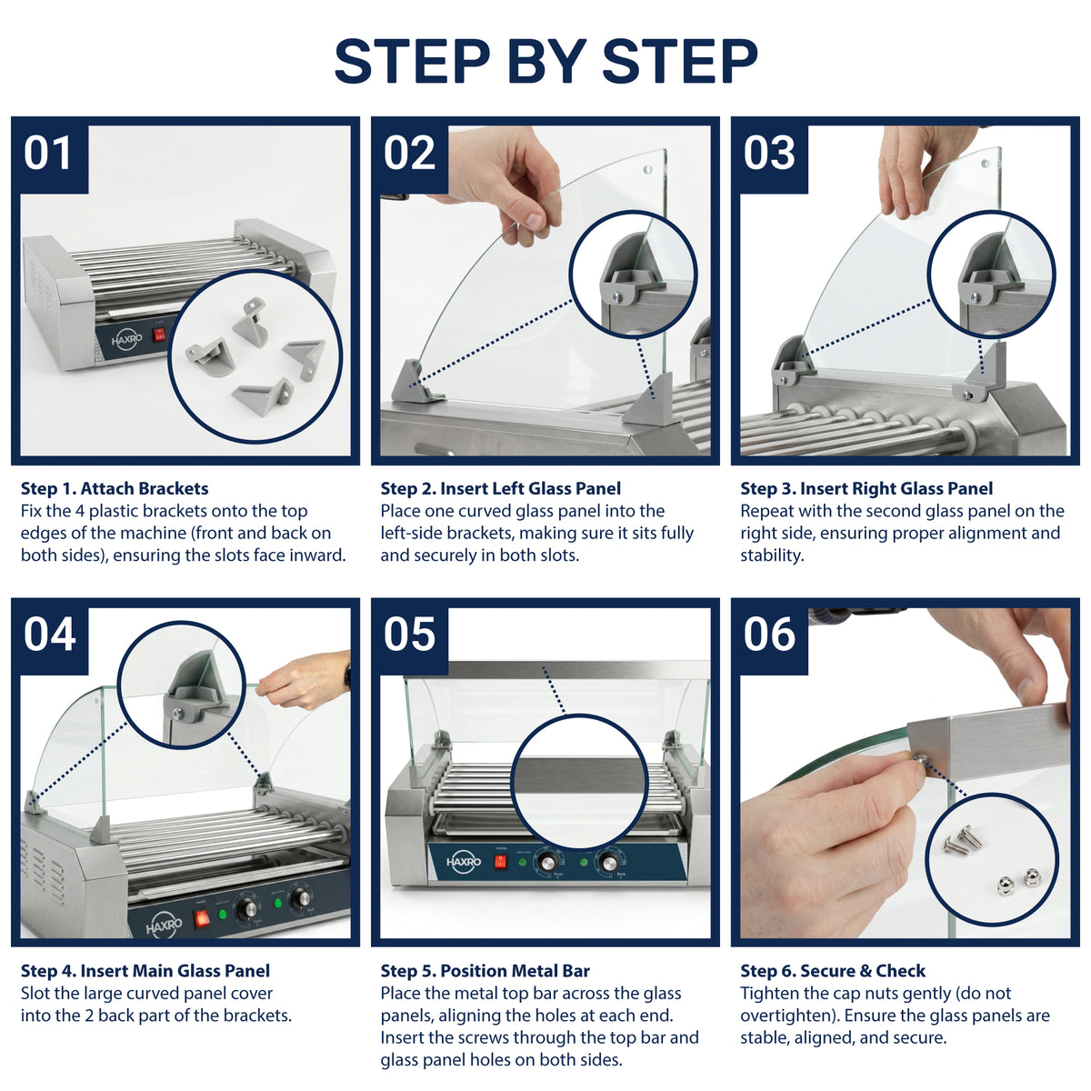 Step-by-step guide for assembling a display case: shows attaching brackets, inserting glass panels, positioning metal bar, and securing parts in six panels.
