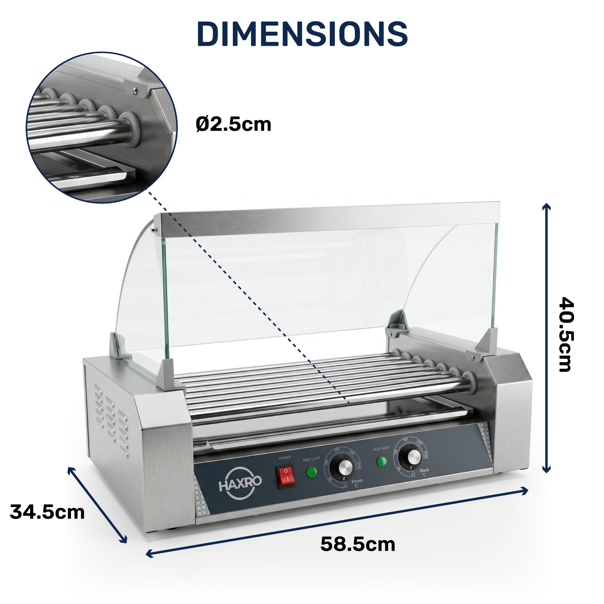 Stainless steel hot dog roller grill with dimensions labeled: 58.5cm width, 34.5cm depth, 40.5cm height, and 2.5cm diameter rollers. Glass guard visible.