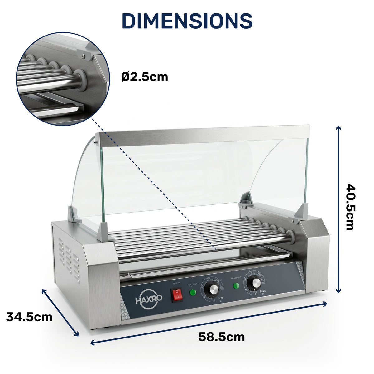 Stainless steel hot dog roller grill with dimensions labeled: 58.5cm width, 34.5cm depth, 40.5cm height, and 2.5cm diameter rollers. Glass guard visible.