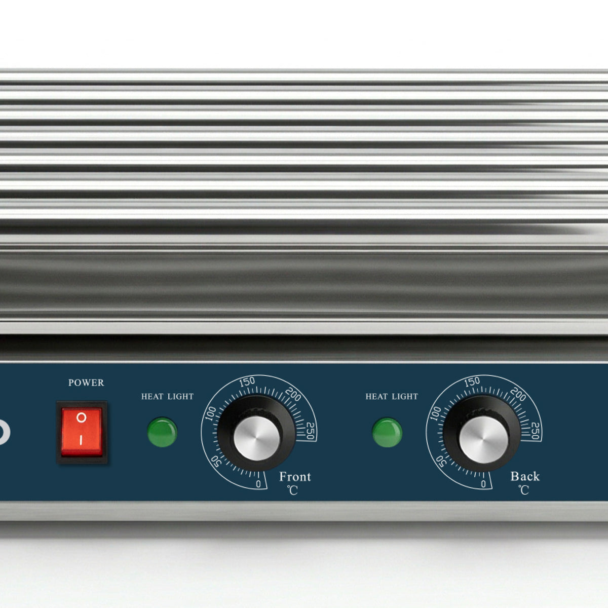 Close-up of a stainless steel kitchen appliance with a ribbed surface, featuring a red power switch and two temperature dials with green indicator lights.
