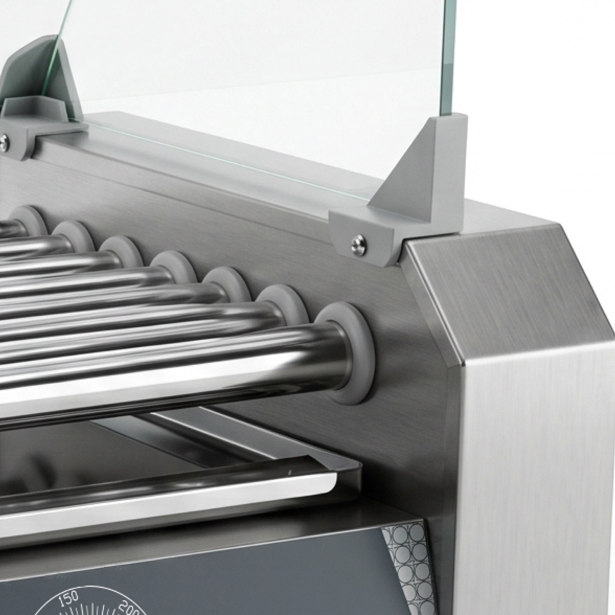 Close-up of a stainless steel hot dog roller grill. The shiny rollers are aligned horizontally, and a glass panel protects the back, emphasizing modern design.