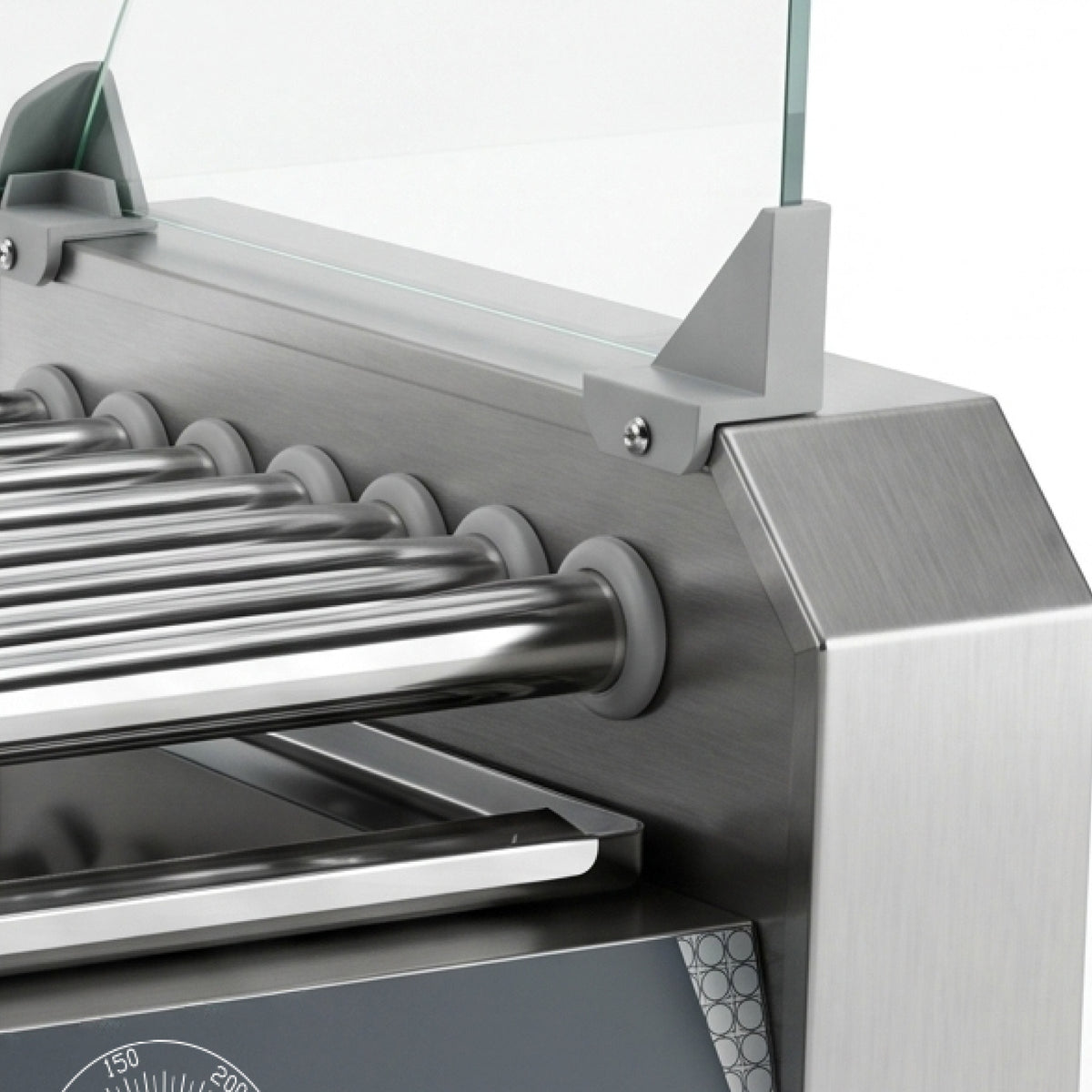 Close-up of a stainless steel hot dog roller grill. The shiny rollers are aligned horizontally, and a glass panel protects the back, emphasizing modern design.
