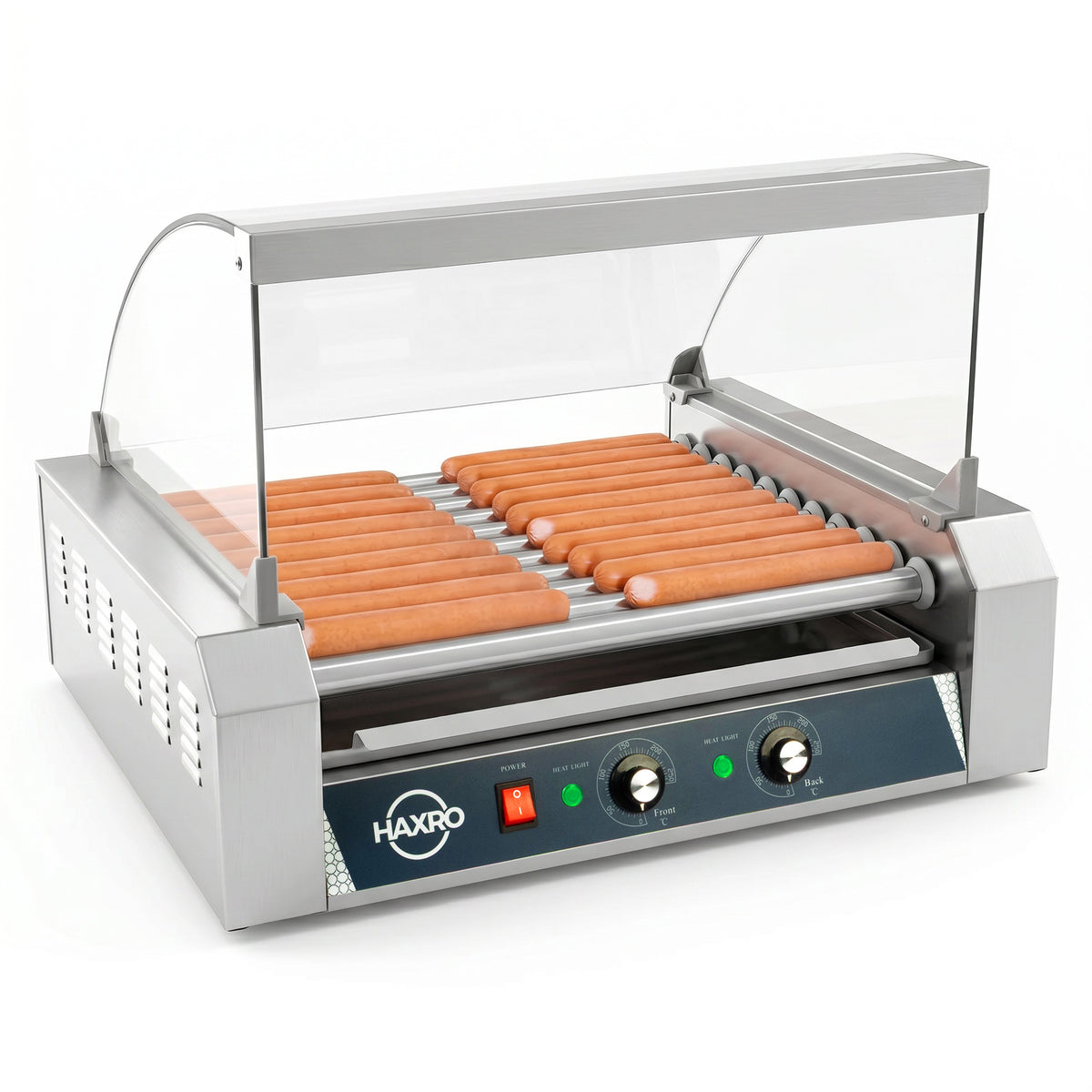 A stainless steel hot dog roller machine with rows of hot dogs cooking. It has a clear protective cover and control knobs on the front panel.