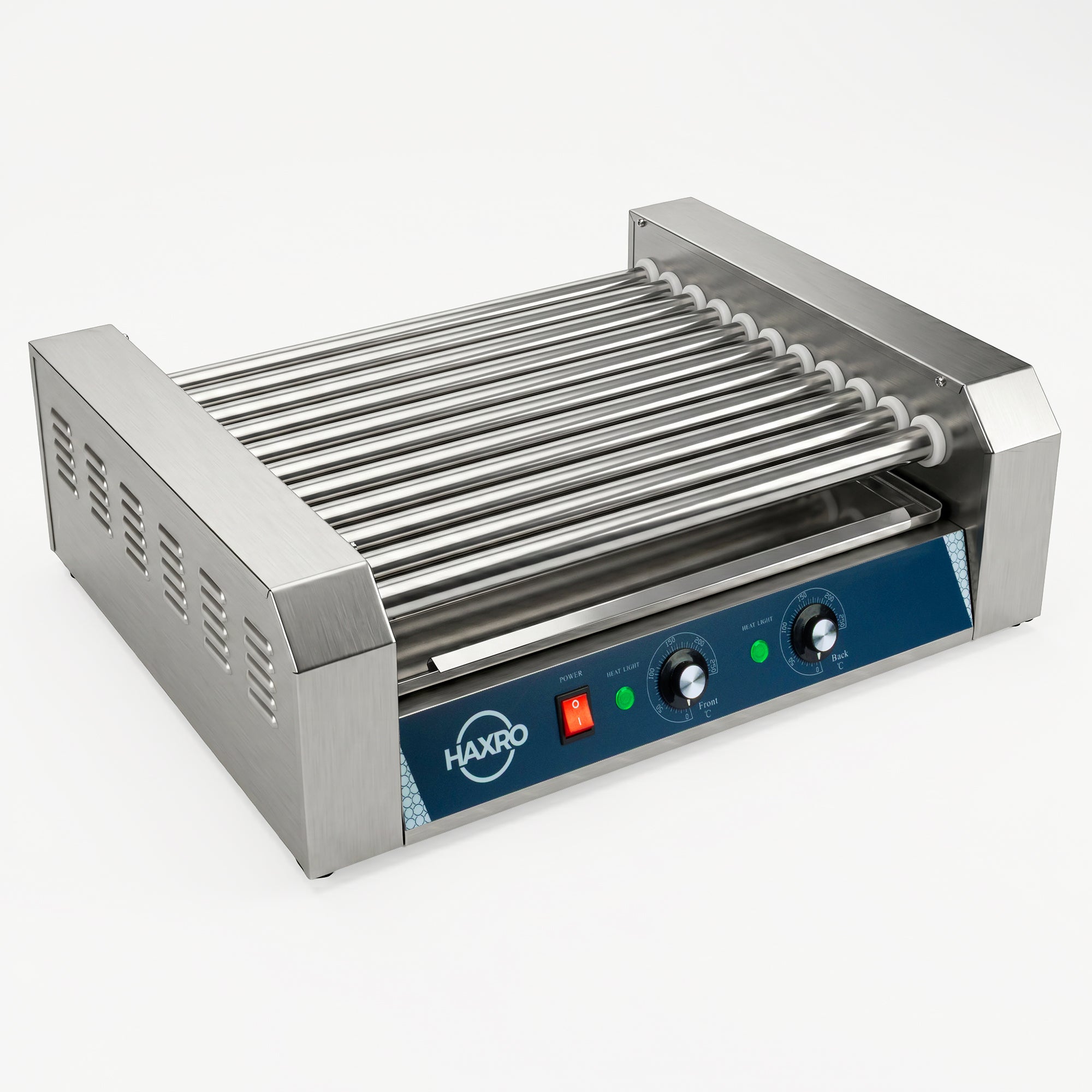 A stainless steel hot dog roller with multiple heating rods, a blue control panel with dials, and a red power switch on a white background.