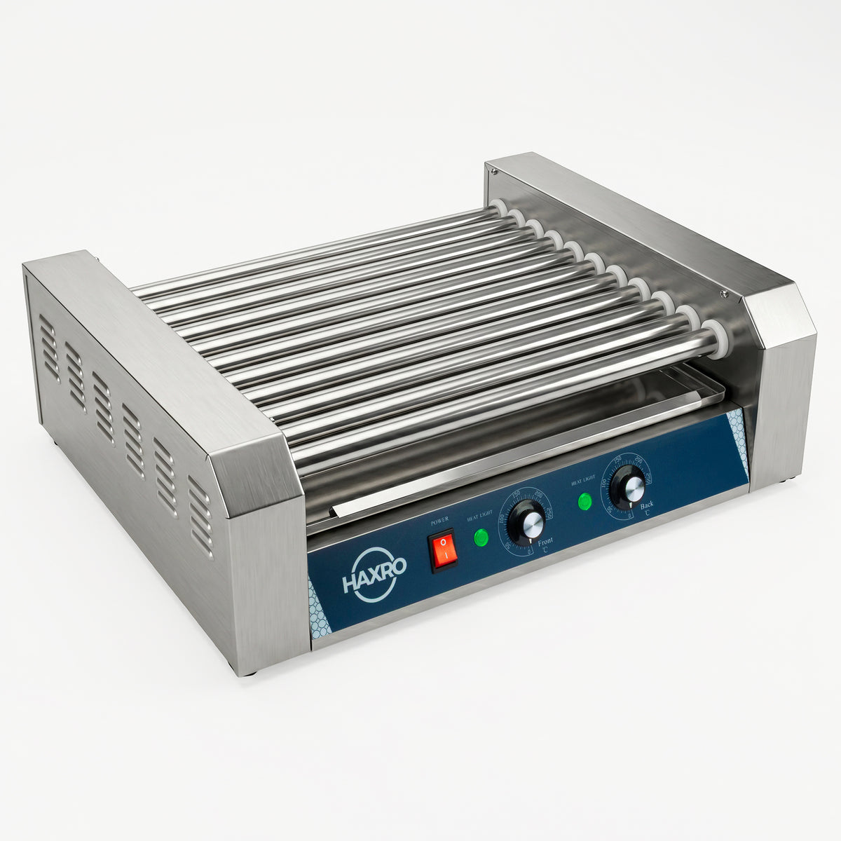 A stainless steel hot dog roller with multiple heating rods, a blue control panel with dials, and a red power switch on a white background.