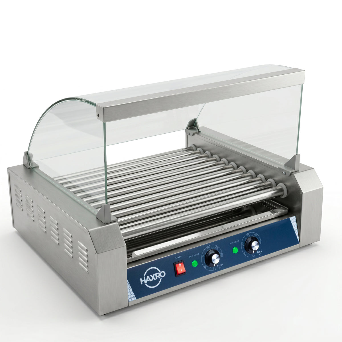 Stainless steel hot dog roller with 11 rollers, a curved glass canopy, and control panel with power switch and temperature dials, on a white background.