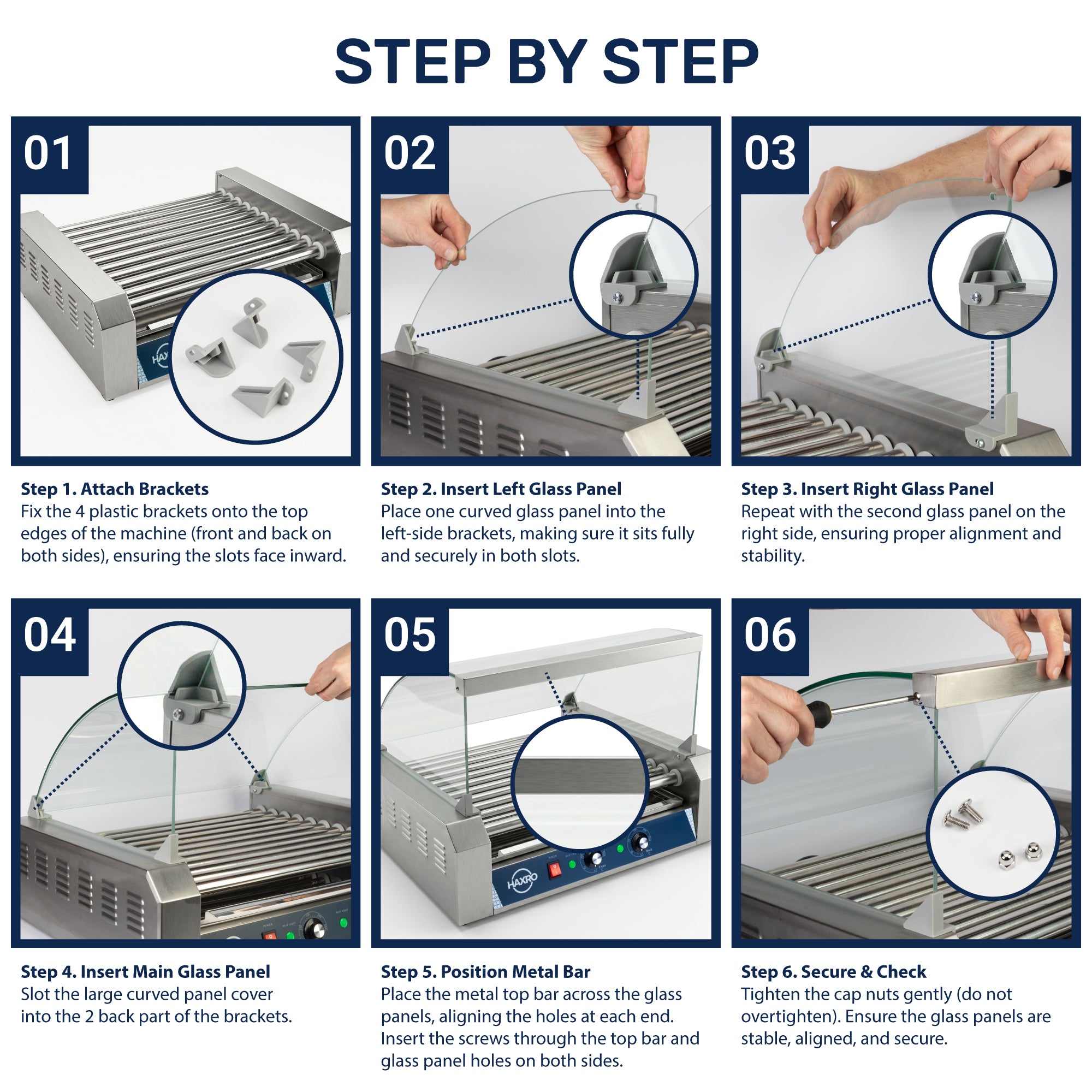 Step-by-step guide for assembly: 1. Attach brackets. 2. Insert left glass panel. 3. Insert right glass panel. 4. Insert main glass panel. 5. Position metal bar. 6. Secure and check.