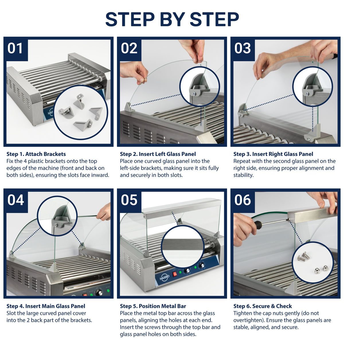 Step-by-step guide for assembly: 1. Attach brackets. 2. Insert left glass panel. 3. Insert right glass panel. 4. Insert main glass panel. 5. Position metal bar. 6. Secure and check.