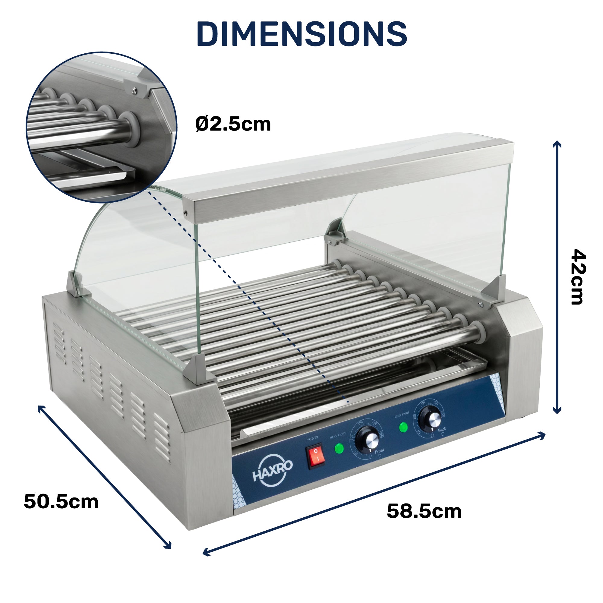 Heating machine with glass shield and metal rollers, labeled dimensions: 50.5cm depth, 58.5cm width, 42cm height; roller diameter 2.5cm.