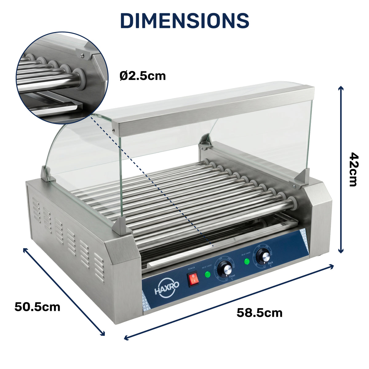 Heating machine with glass shield and metal rollers, labeled dimensions: 50.5cm depth, 58.5cm width, 42cm height; roller diameter 2.5cm.