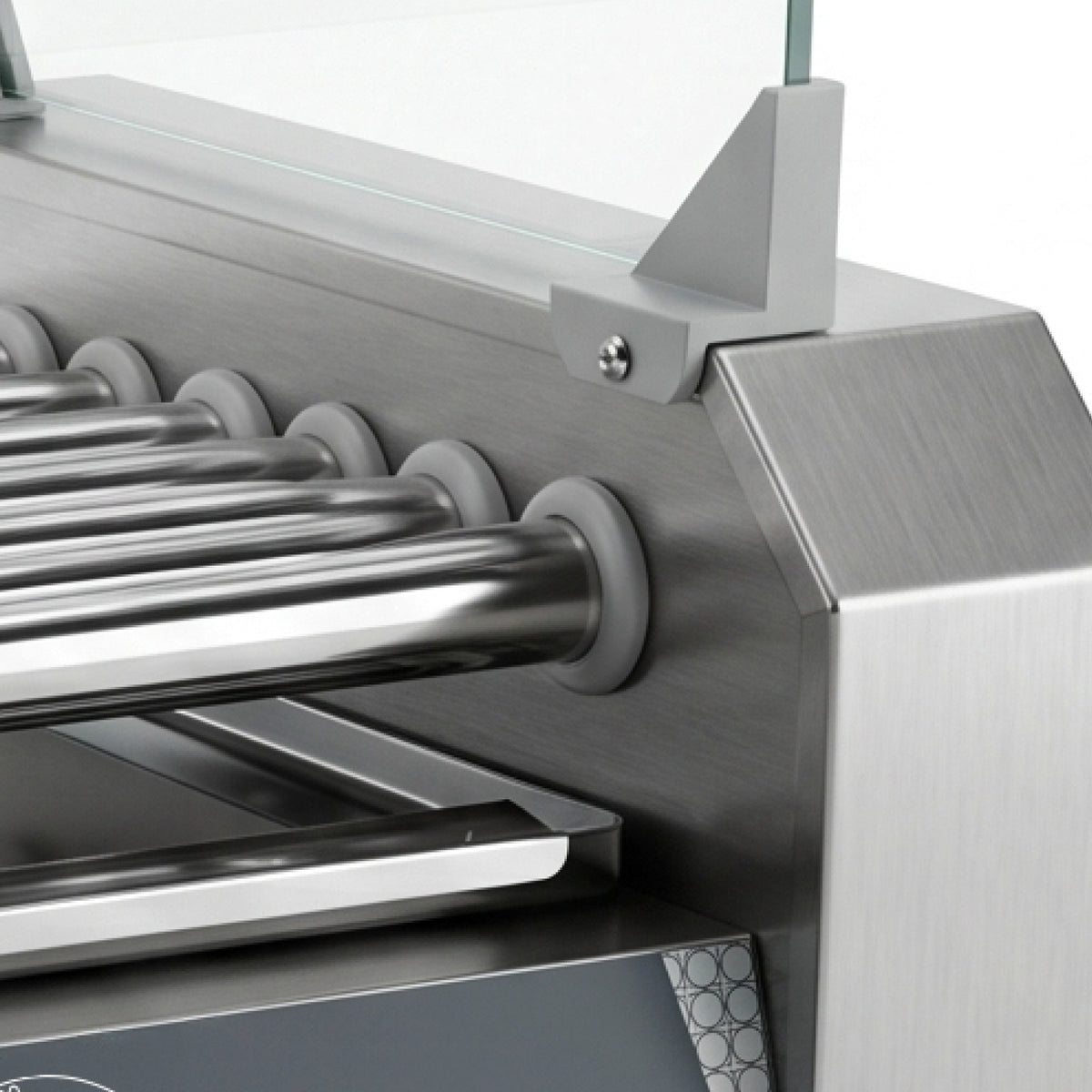 Close-up of a stainless steel hot dog roller grill with shiny, parallel rollers, a protective glass cover, and a sleek, modern industrial design.