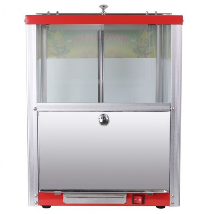 Stainless steel hotdog steamer with a red top, glass windows, and a visible power switch. It has a shiny door and a cheerful, vibrant tone.
