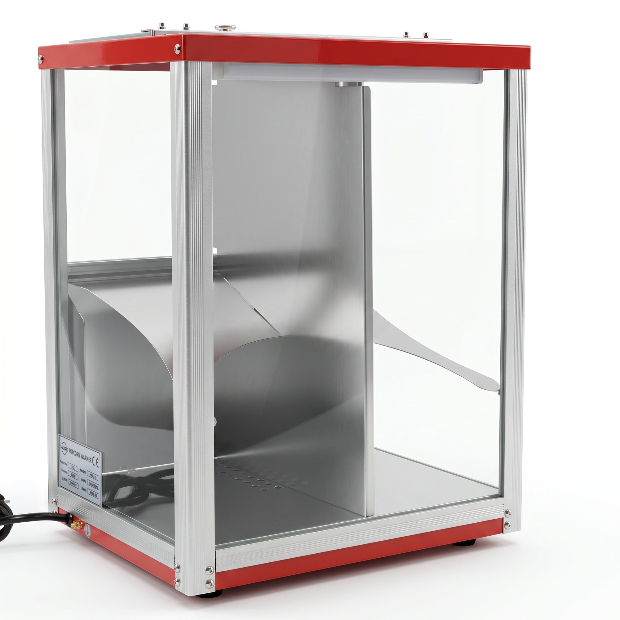 Red and silver metal and glass popcorn warmer with a visible interior compartment and side panel vent. The design feels sleek and utilitarian.