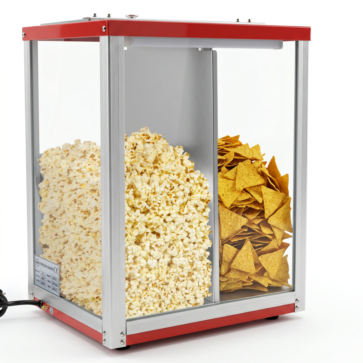 A glass display case with a red frame showing fresh, buttery popcorn on the left and crispy, golden nacho chips on the right, evoking a festive snack vibe.