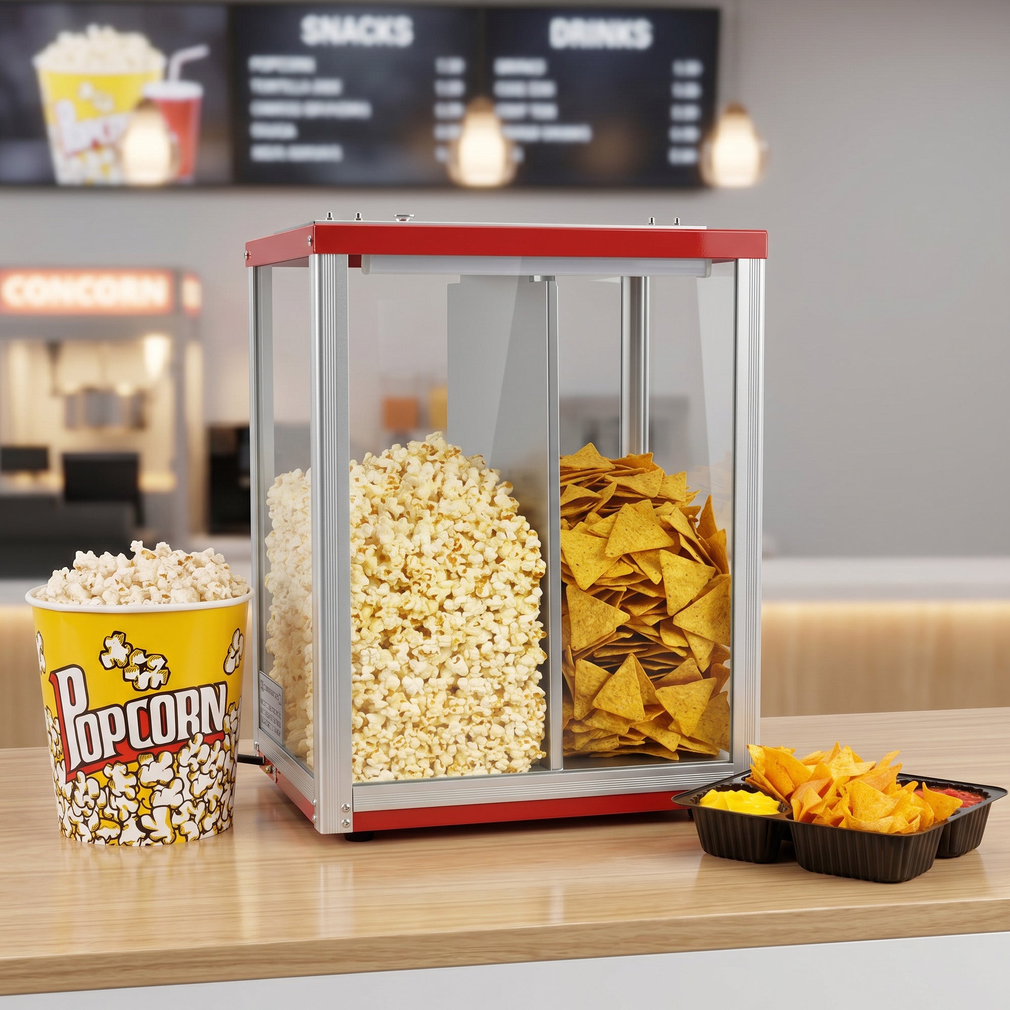 Popcorn and nachos in a display case on a wooden counter, with a popcorn bucket and nachos in trays. A blurred snack bar menu is visible in the background.