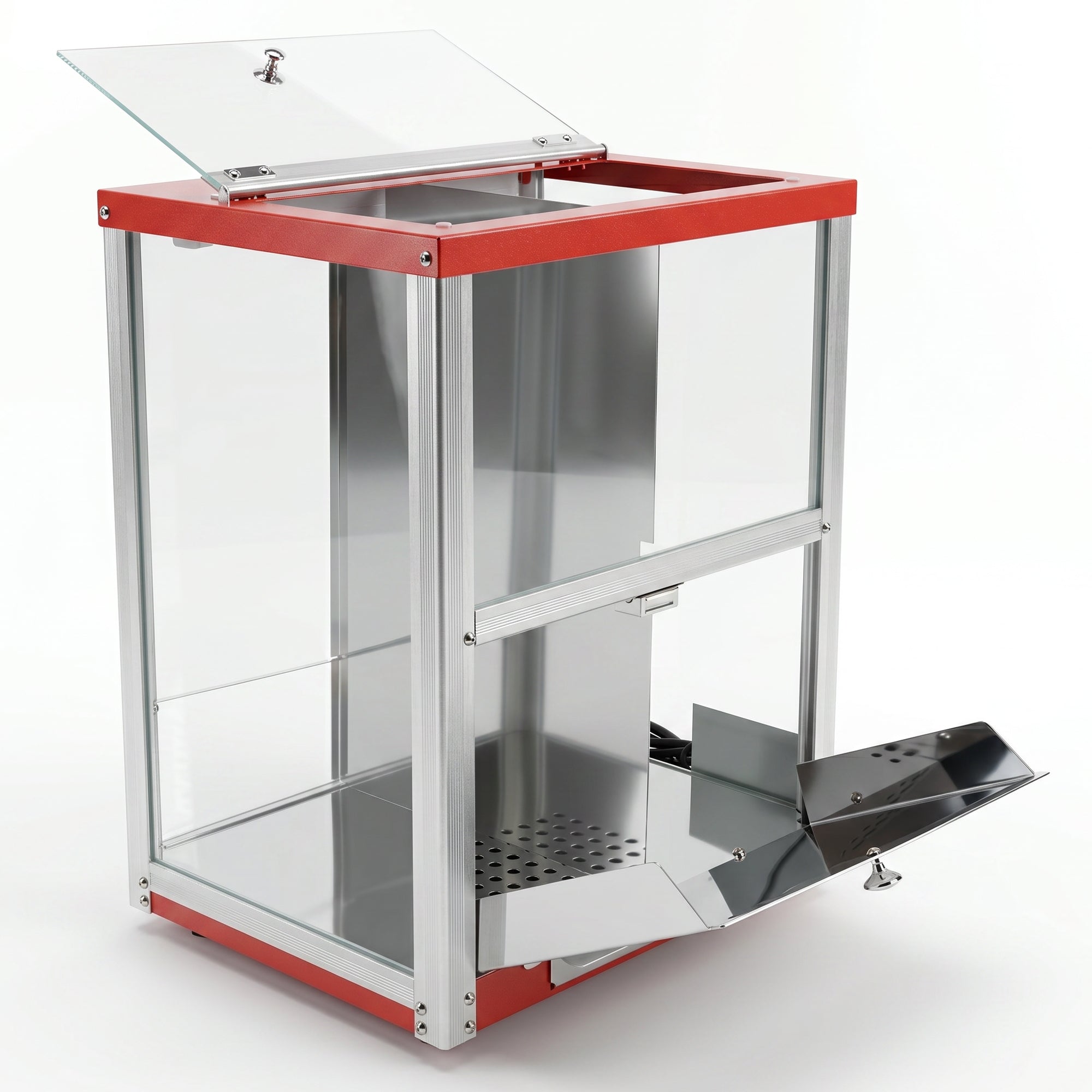 Commercial popcorn popper with a red trim, transparent glass walls, and a stainless steel interior. The side is open, revealing a chute for popcorn.