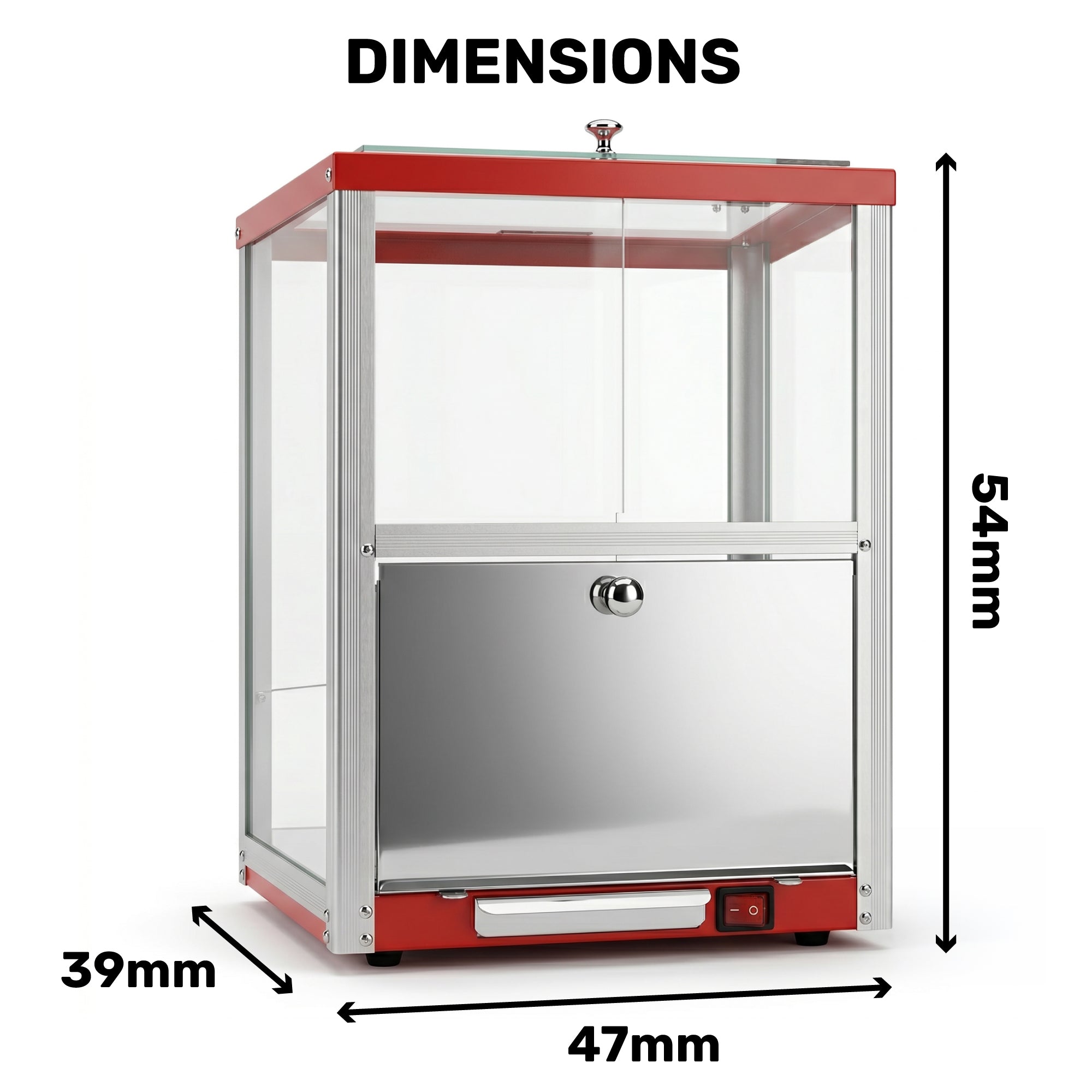 A red and silver rectangular countertop warmer is shown with dimensions: 54mm high, 47mm wide, and 39mm deep. It has a sleek, modern design.