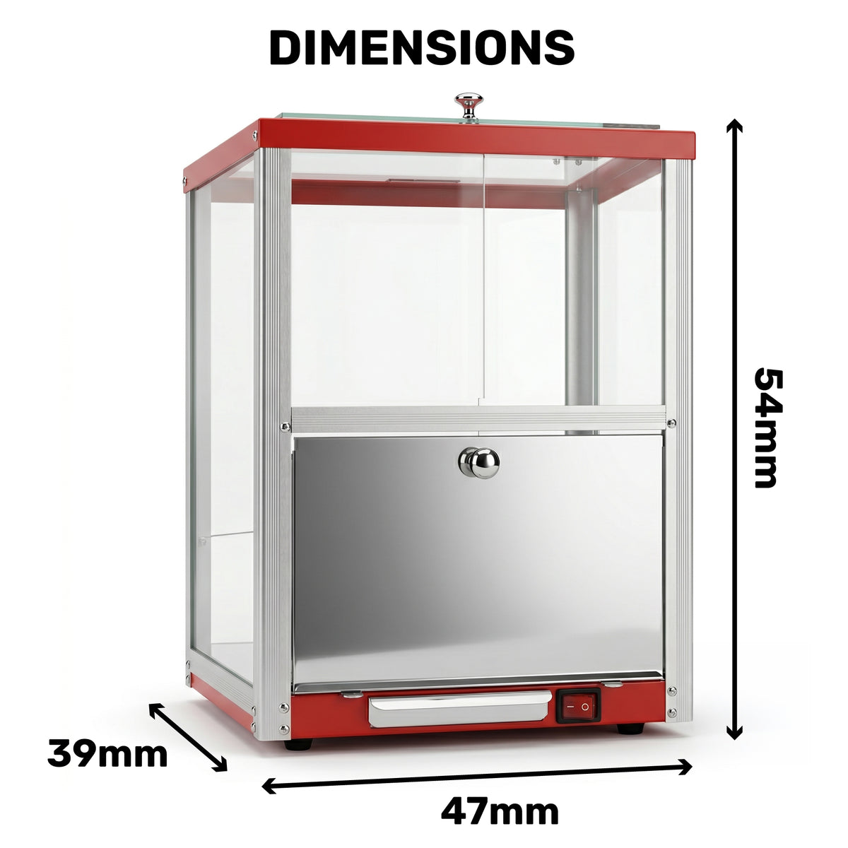 A red and silver rectangular countertop warmer is shown with dimensions: 54mm high, 47mm wide, and 39mm deep. It has a sleek, modern design.