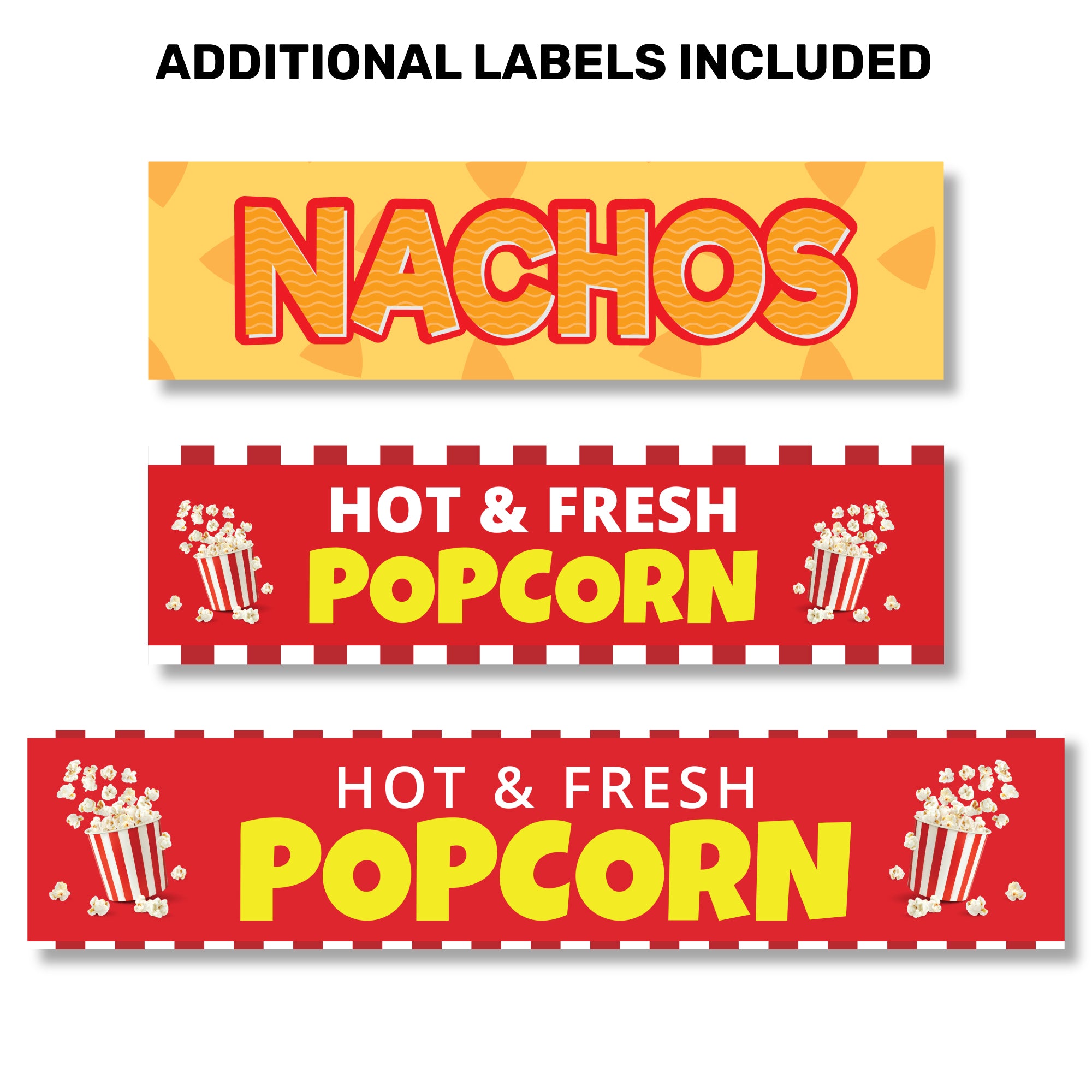 Bold, colorful food labels. "Nachos" in orange on a yellow background, and "Hot & Fresh Popcorn" in red with popcorn graphics on red. Fun and inviting.