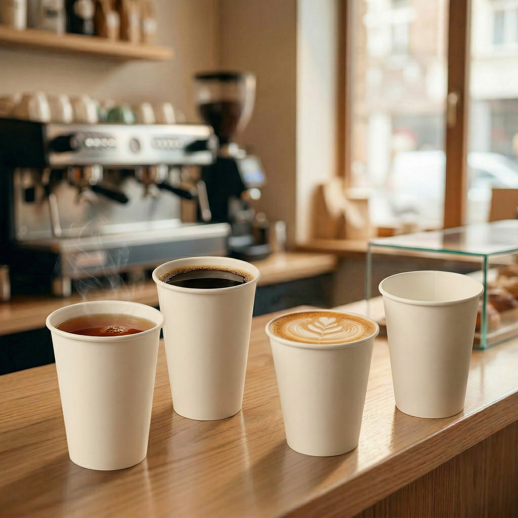 Four paper cups with various hot drinks sit on a wooden counter in a cozy café, with an espresso machine and a window in the background.