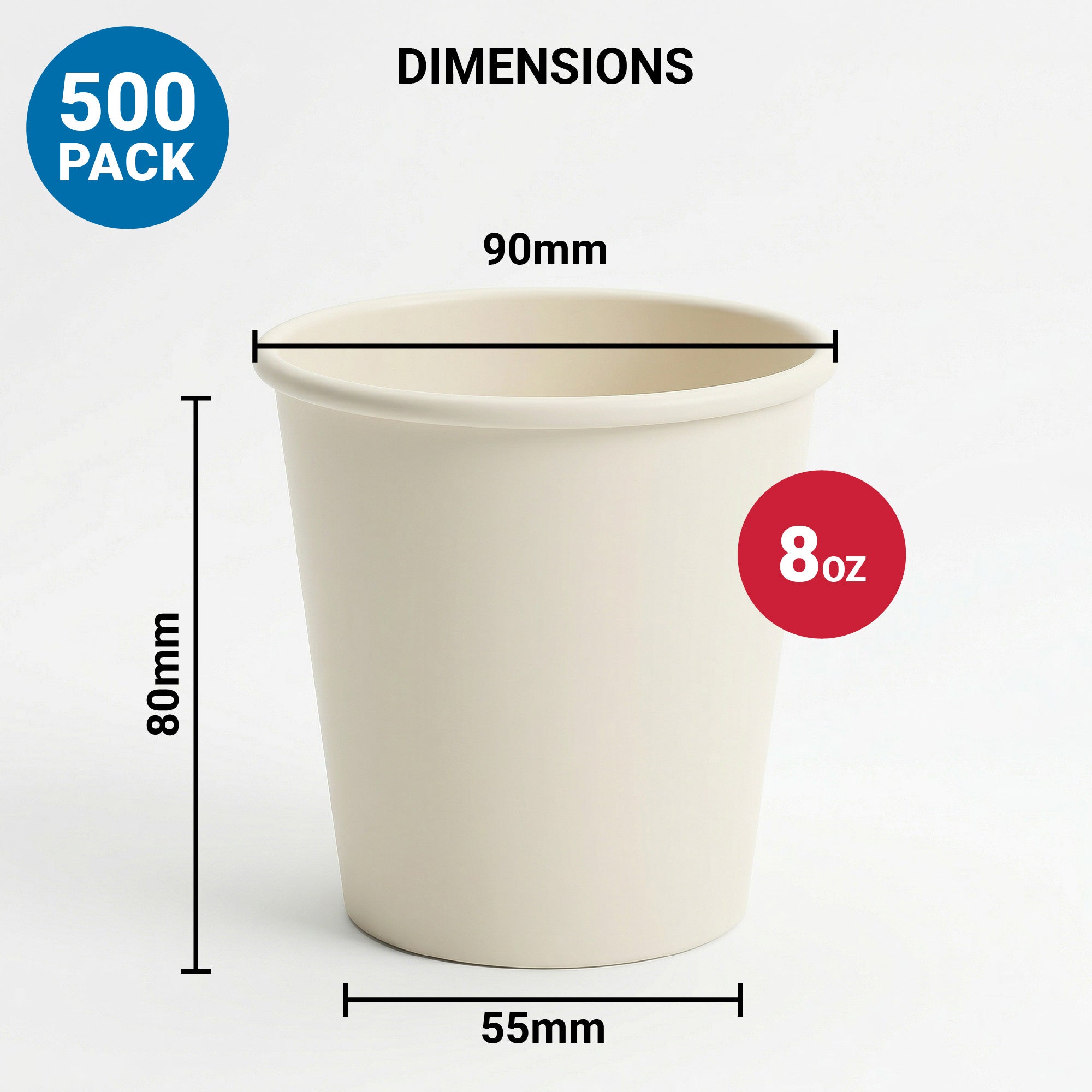A beige paper cup is displayed with dimensions: 90mm diameter, 80mm height, and 55mm base. Text reads "8 oz" in red and "500 Pack" in blue.