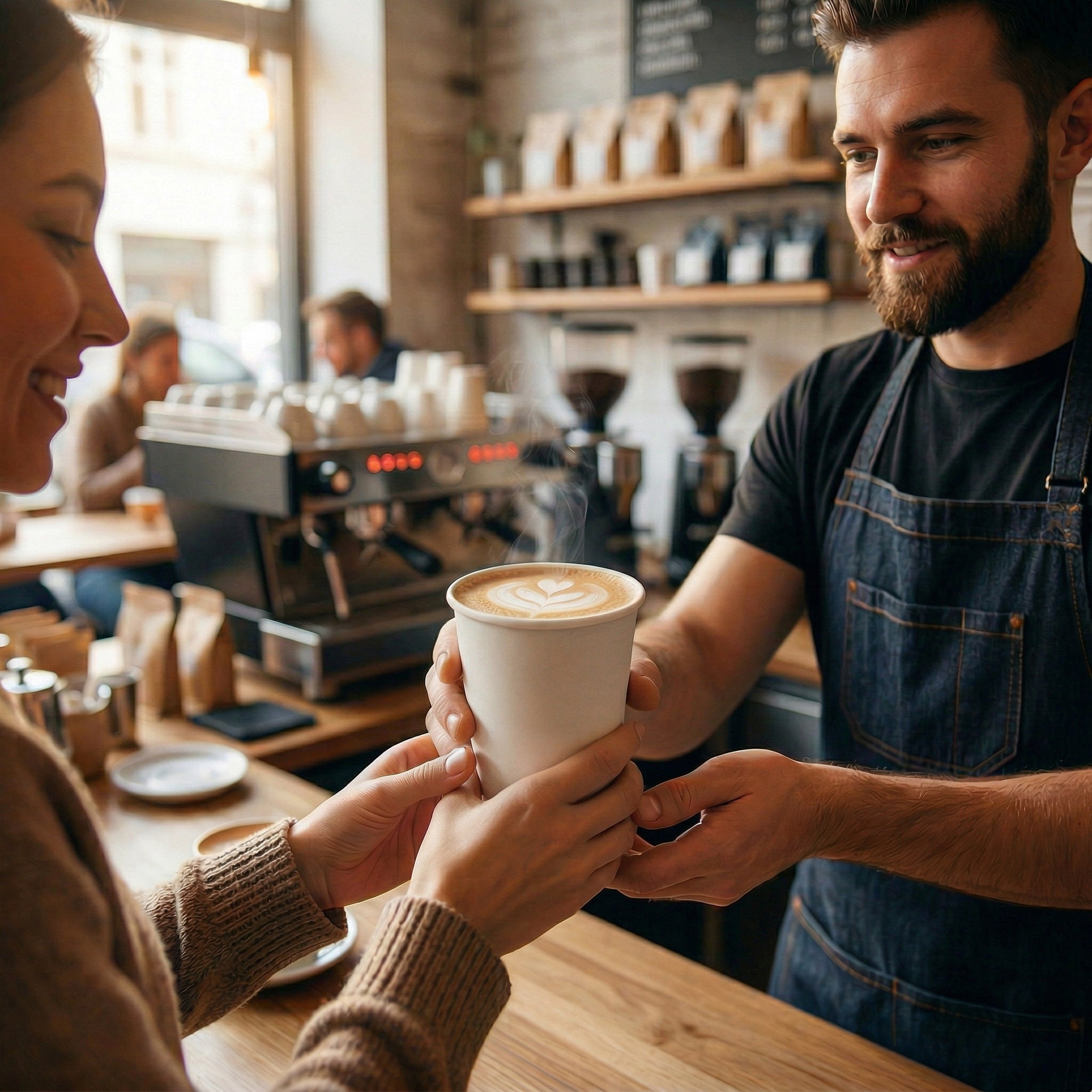 A barista in a cozy cafe hands a woman a steaming cup of coffee with latte art. Warm lighting and wood decor create a welcoming atmosphere.