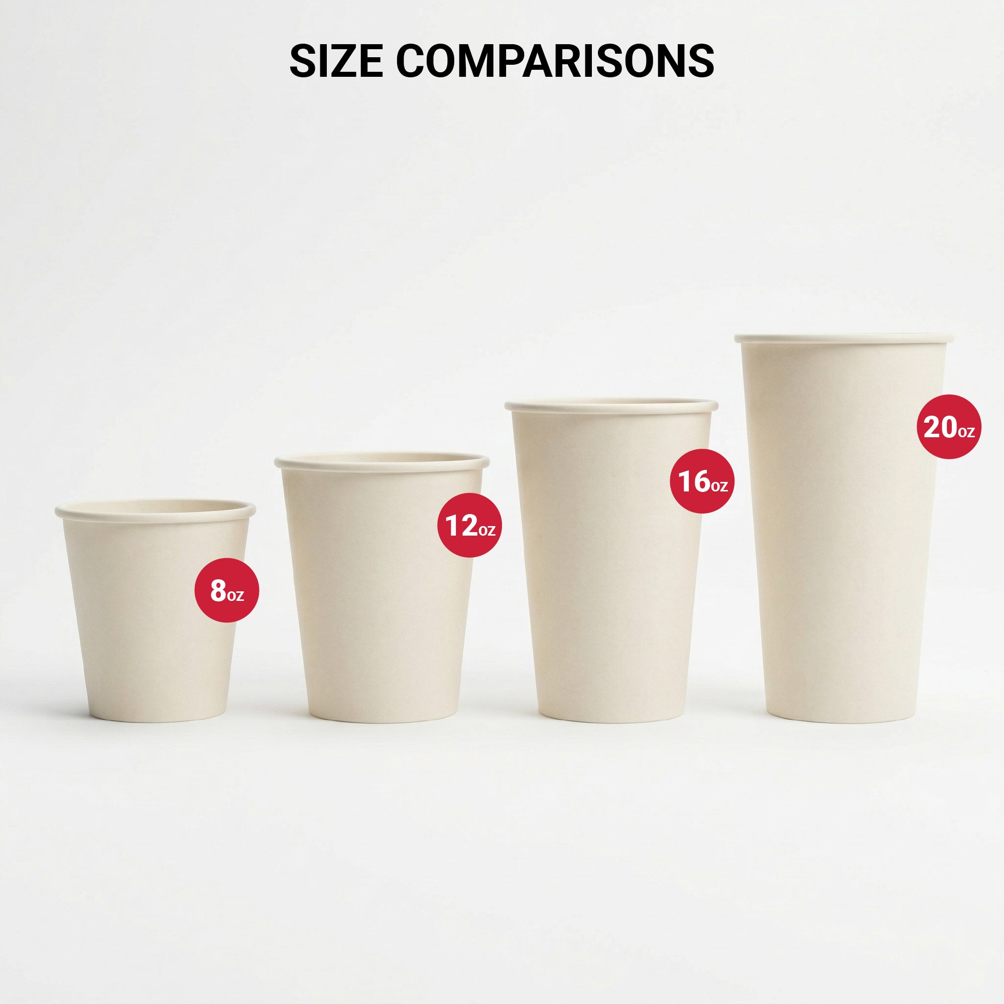 Alt text: "Four beige paper cups of varying sizes are lined up from left to right, labeled with 8oz, 12oz, 16oz, and 20oz, against a plain white background. Text above reads 'Size Comparisons.'"