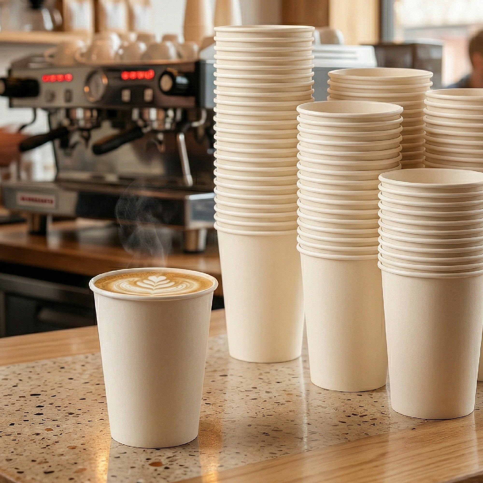 A steaming latte with foam art sits on a counter with stacks of beige paper cups near a shiny espresso machine in a cozy café setting.
