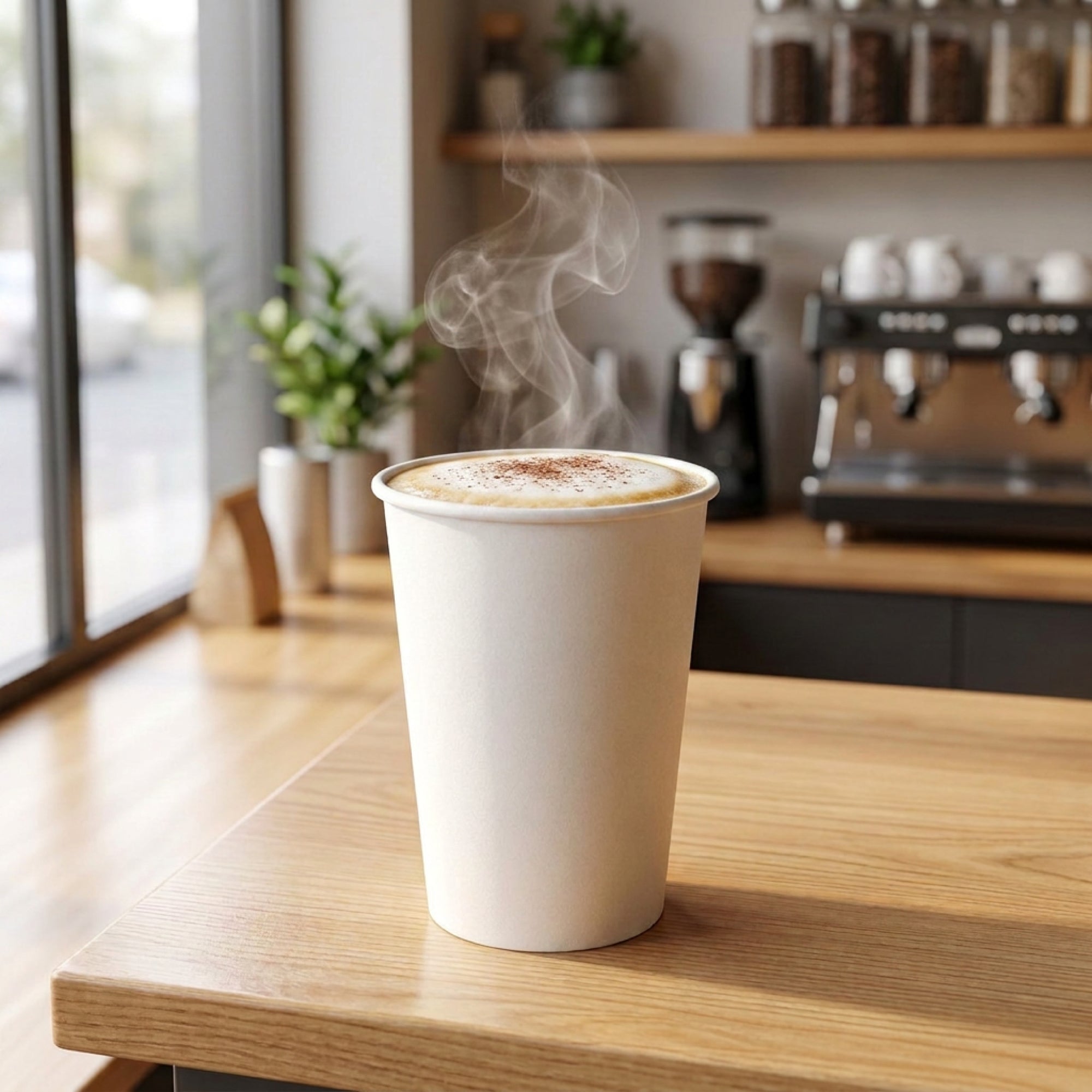 A steaming white cup of coffee on a wooden table, with a coffee machine and plants in the background.